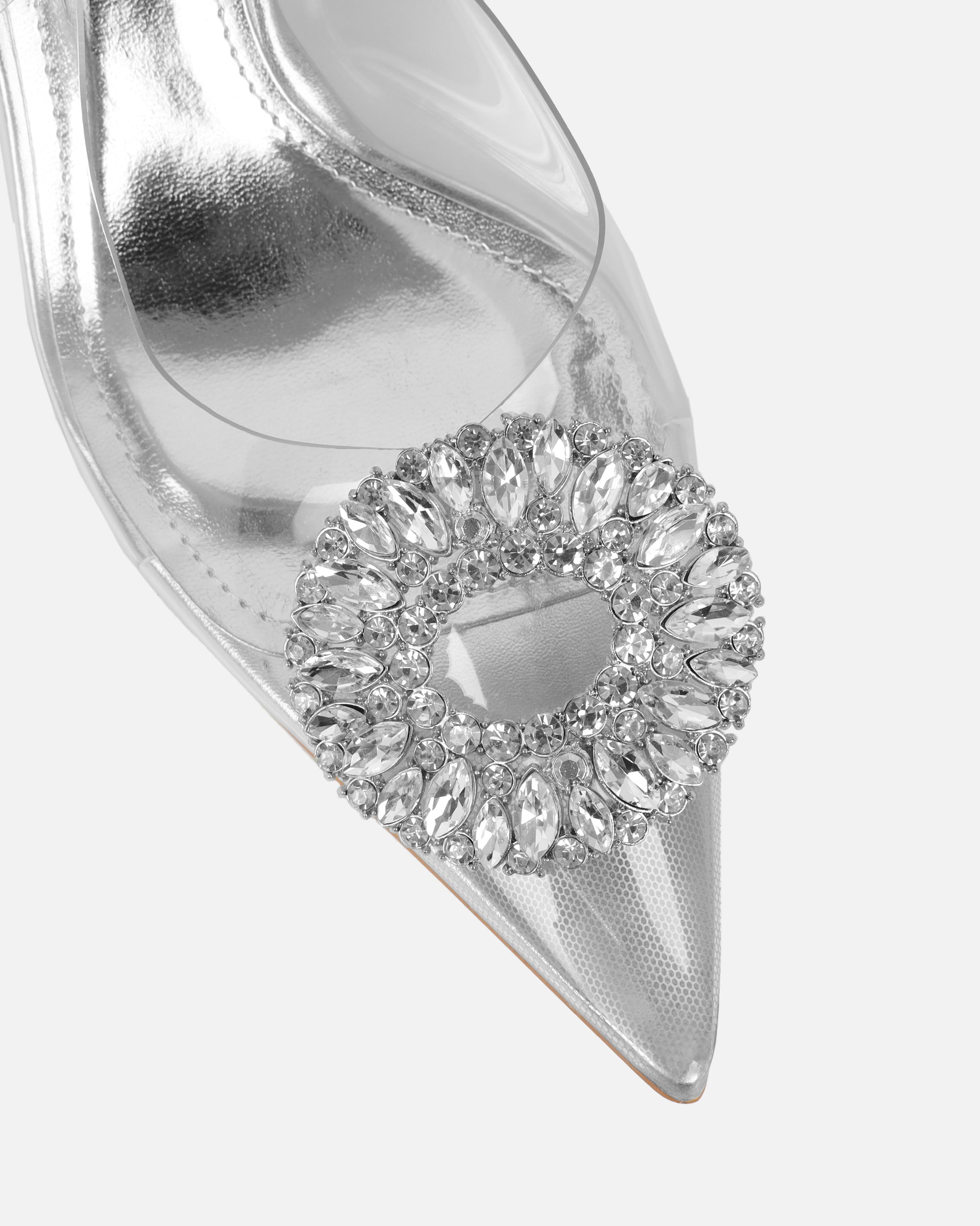 Racquel Clear Silver Diamante Mid Heel Courts | SIMMI London