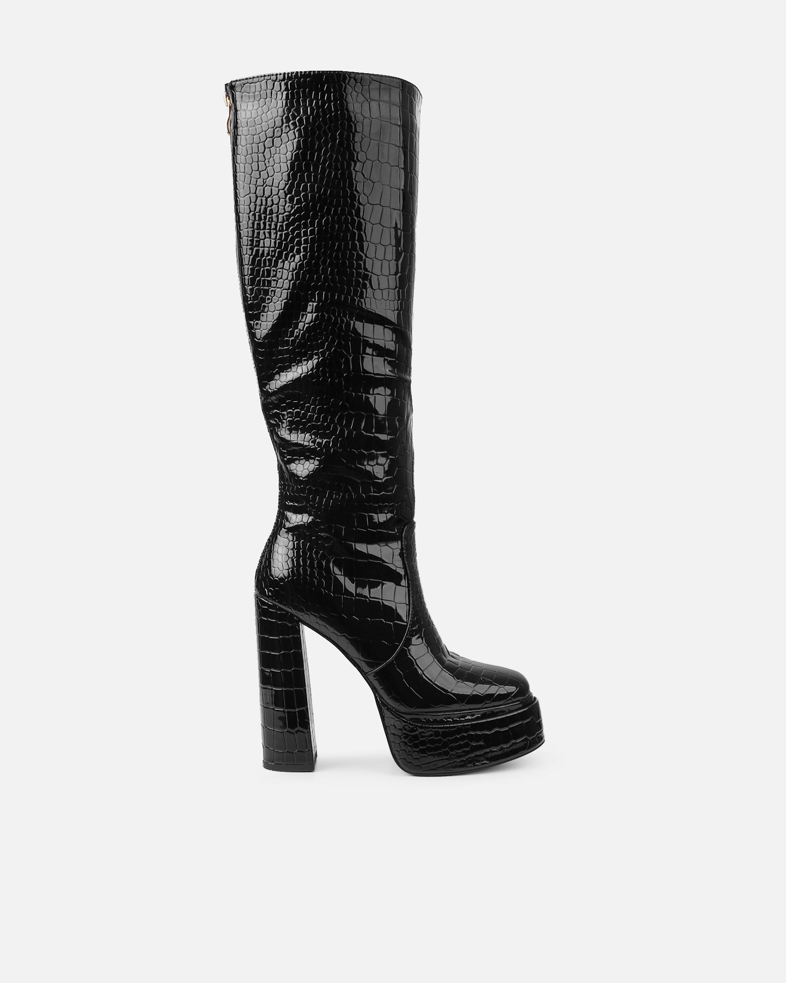 Dallis Black Patent Faux Croc Platform Knee High Boots |SIMMI London