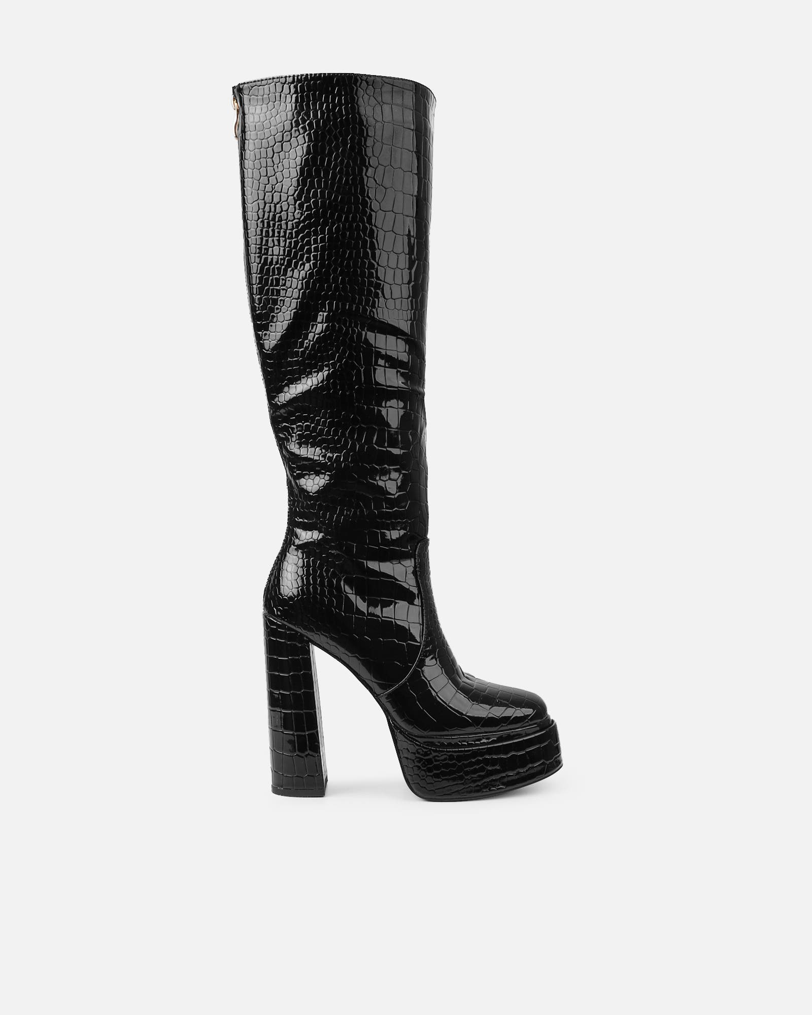 BAISOILIHA Ladies Faux Crocodile Chunky Heel Knee High Boots Pointed BAISOILIHA Ladies Faux Crocodile Chunky Heel Knee High Boots Pointed