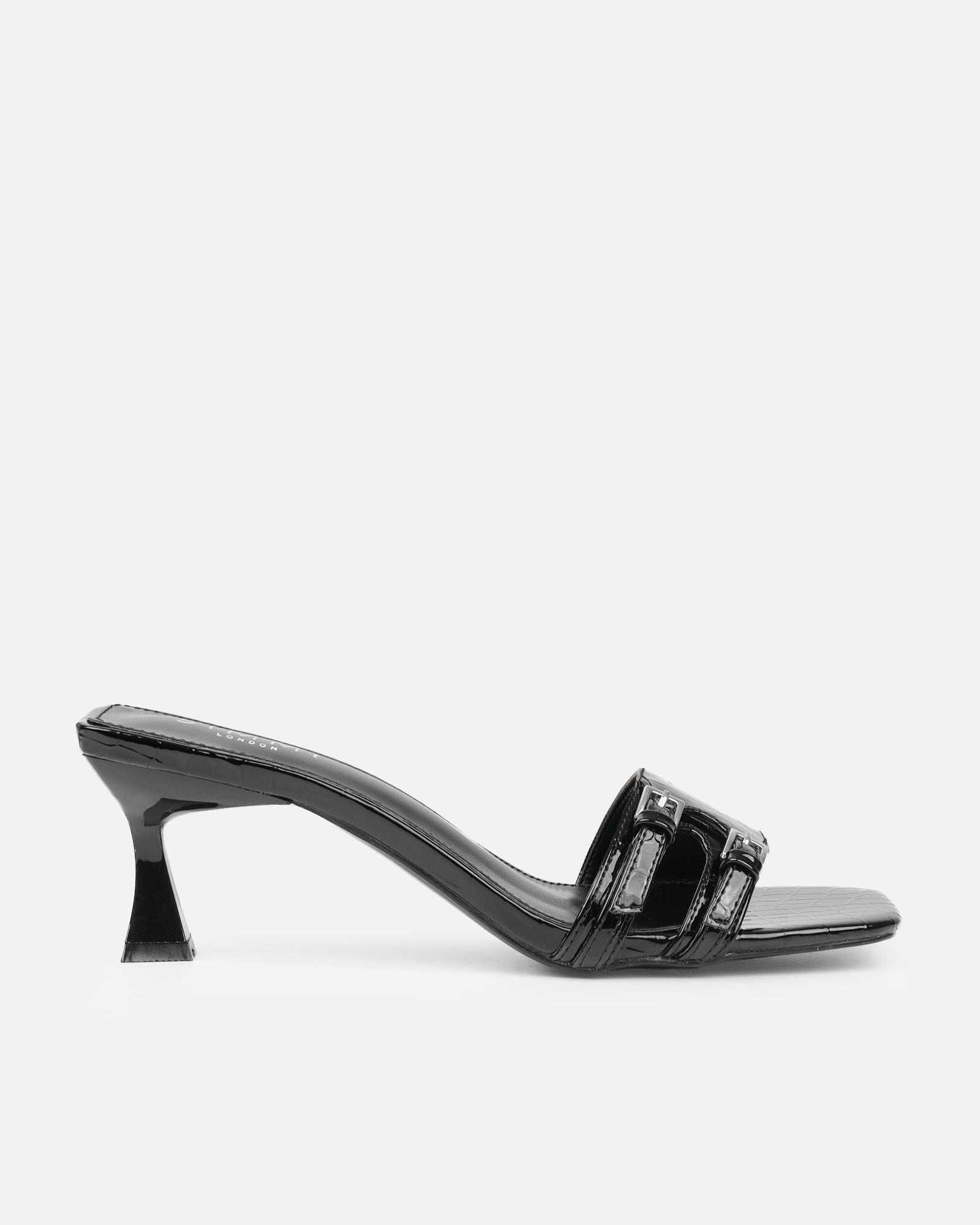 Dallyn Black Faux Croc Mule Heeled Sandals | SIMMI London