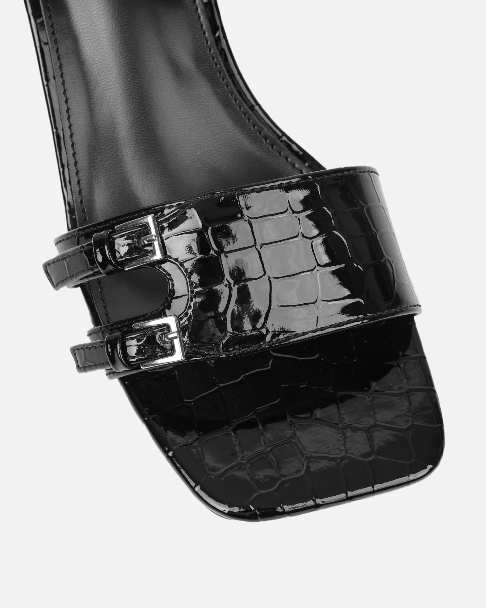 Dallyn Black Faux Croc Mule Heeled Sandals | SIMMI London