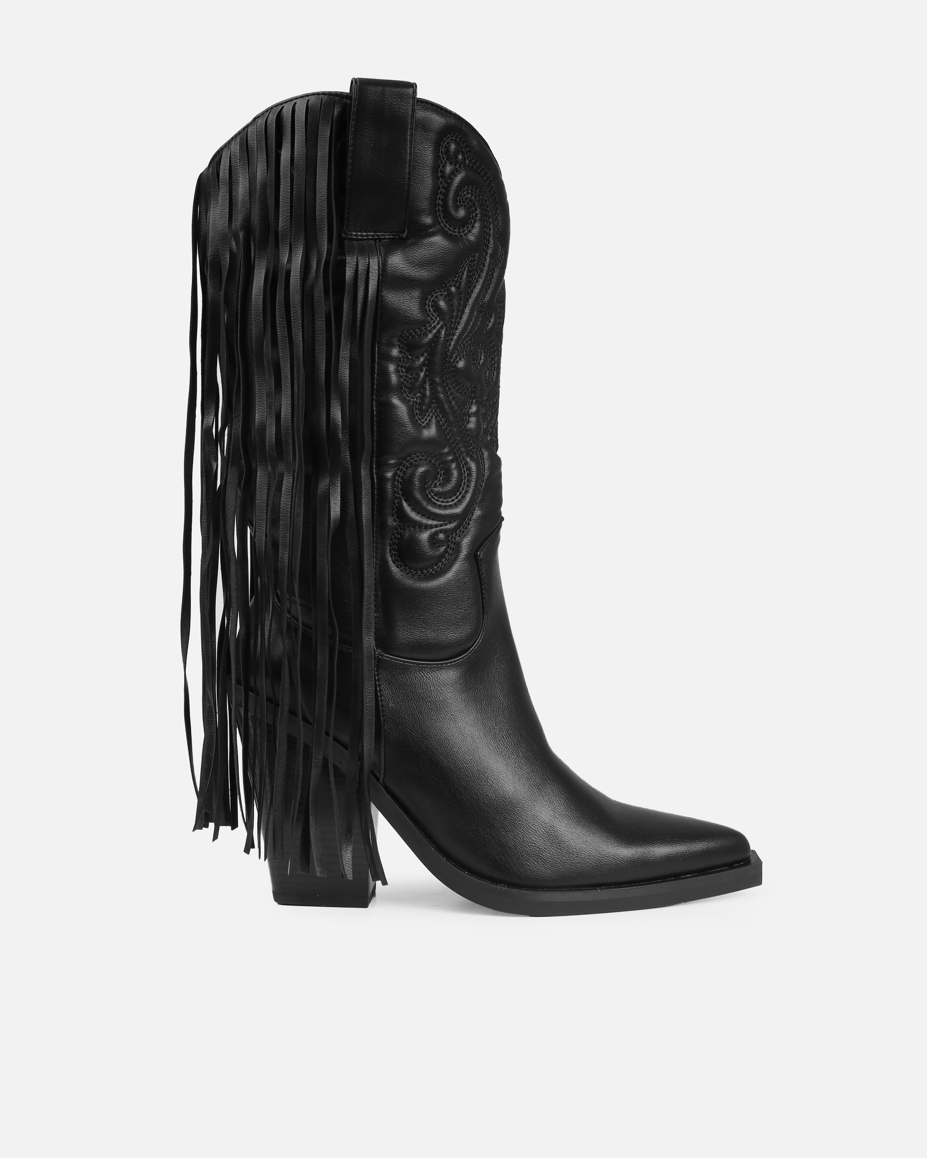 Tasha Ghouri Andrew Black Tassle Calf Western Boots | SIMMI London