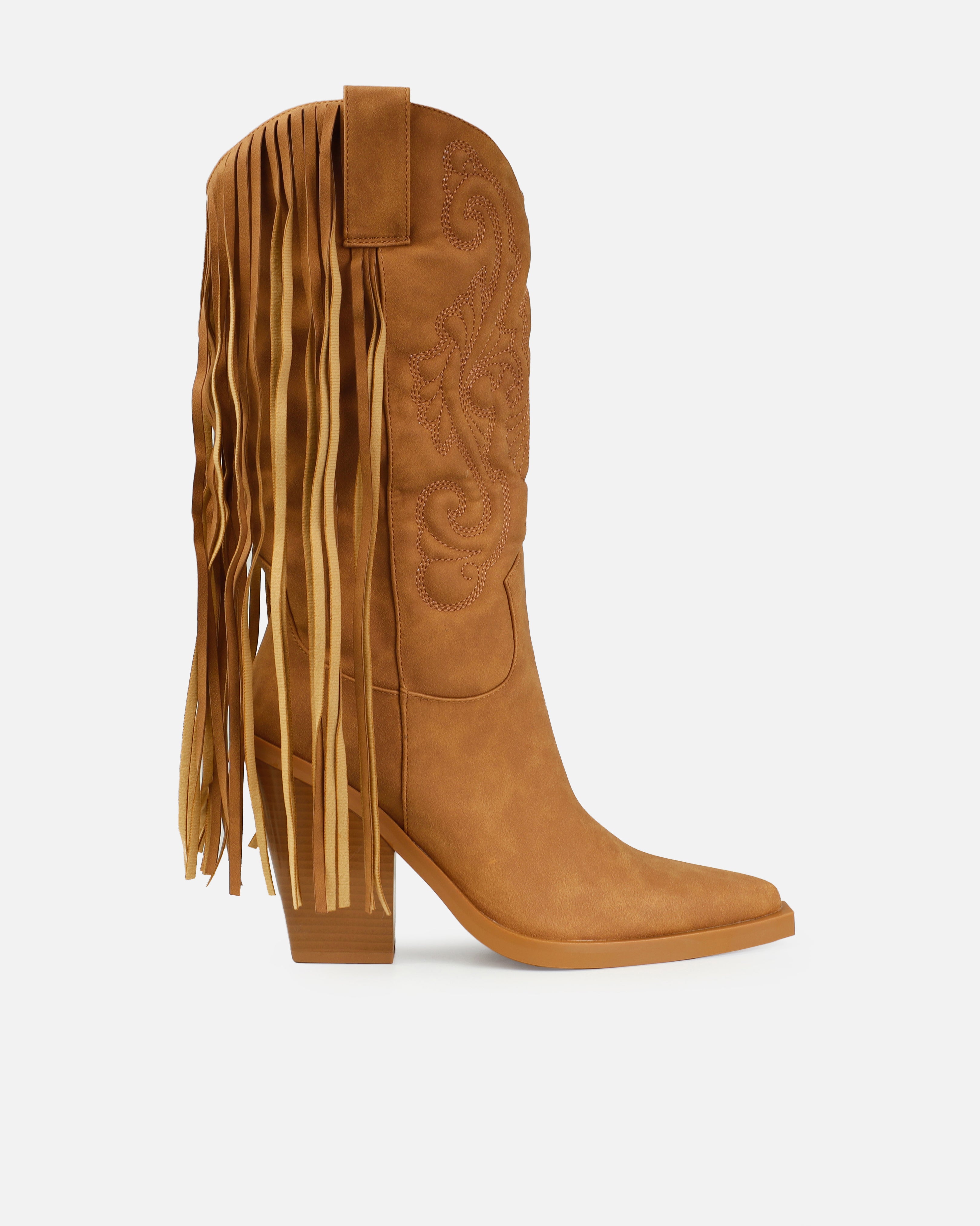 Tasha Ghouri Andrew Tan Tassle Calf Western Boots | SIMMI London