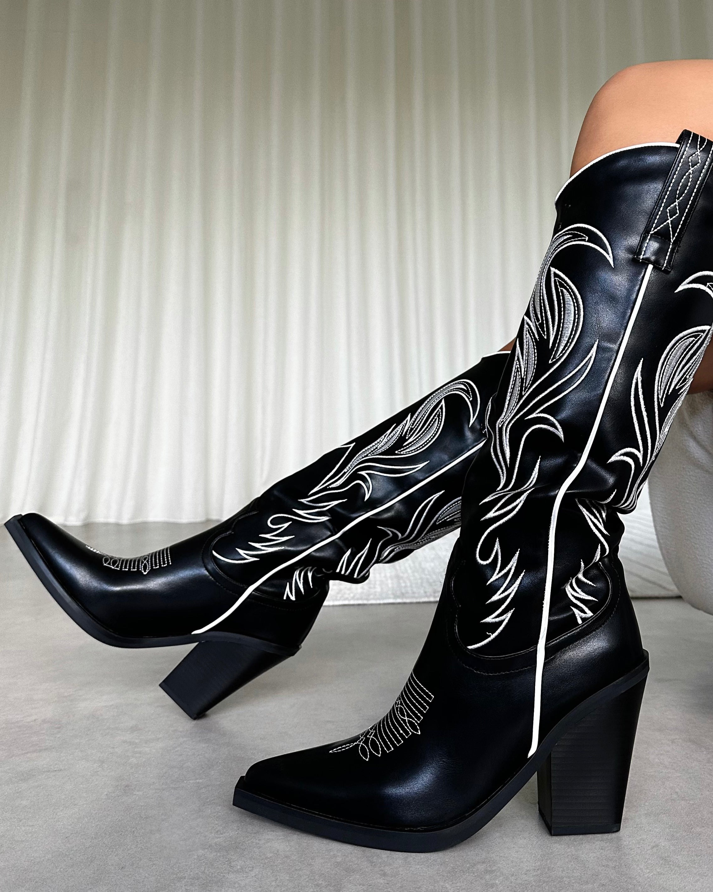 Eagon Black Knee High Western Boots | SIMMI London