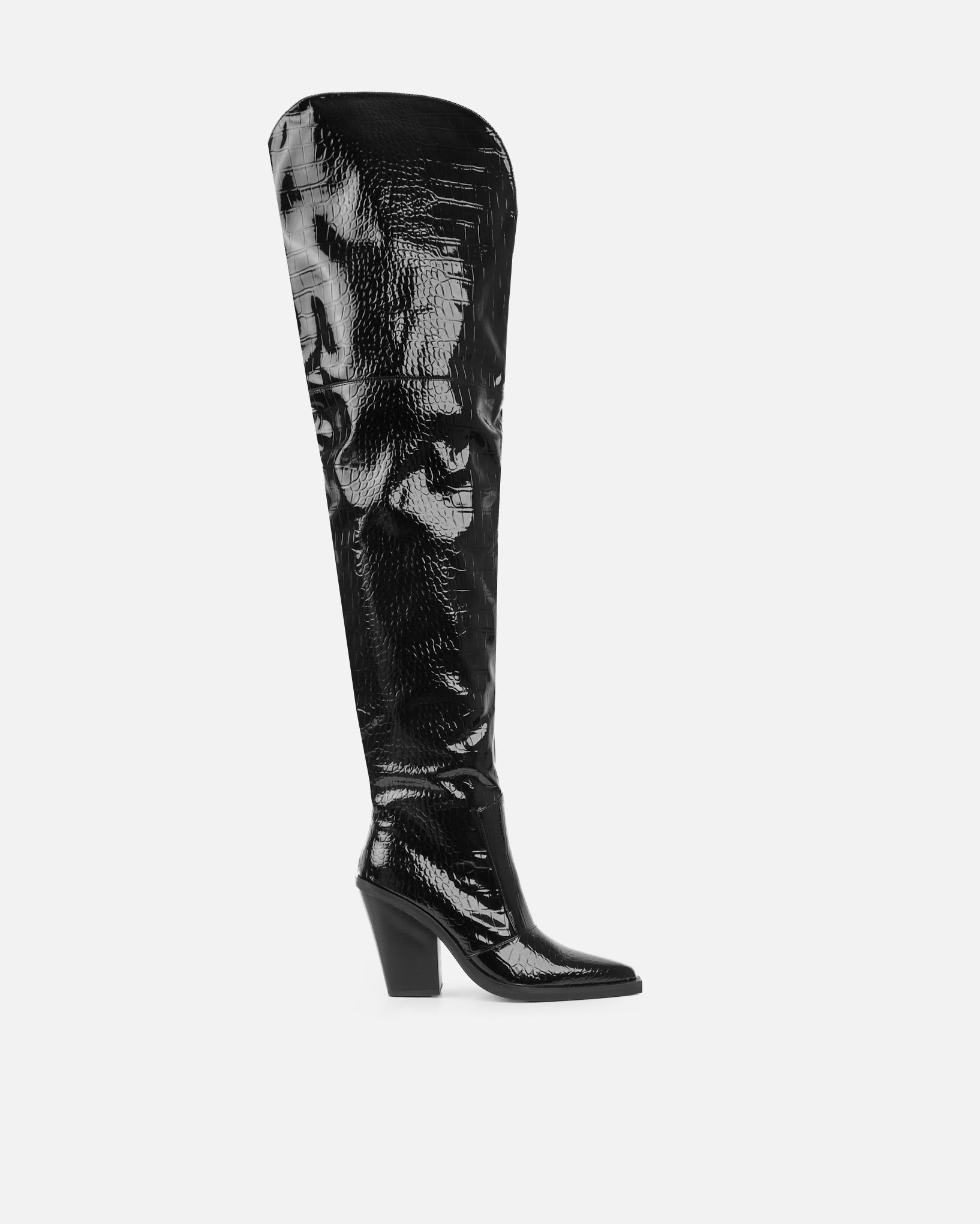 Gianni Black Patent Faux Croc Thigh High Western Boots | SIMMI London