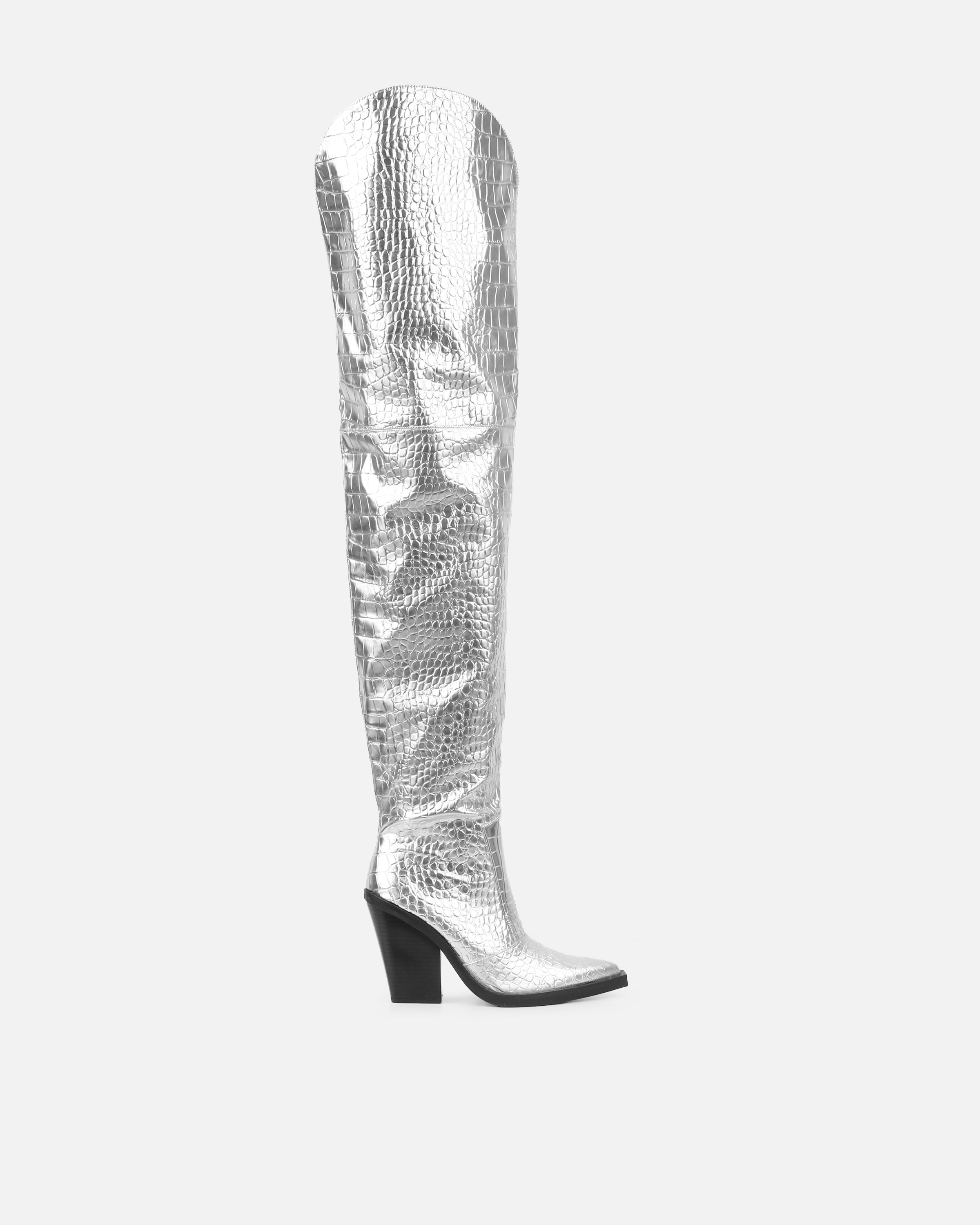 Gianni Silver Metallic Faux Croc Thigh High Western Boots | SIMMI London