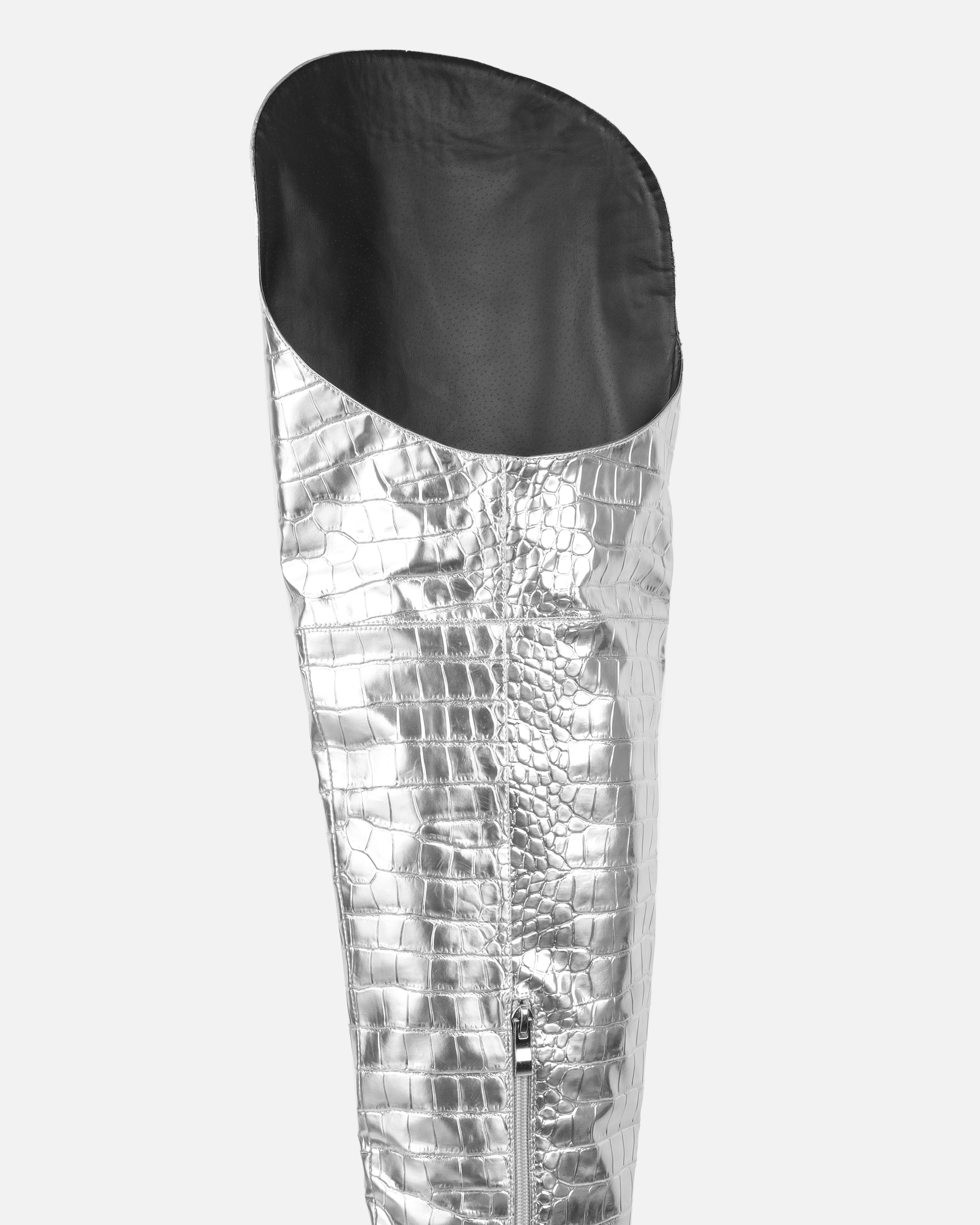 Gianni Silver Metallic Faux Croc Thigh High Western Boots | SIMMI London