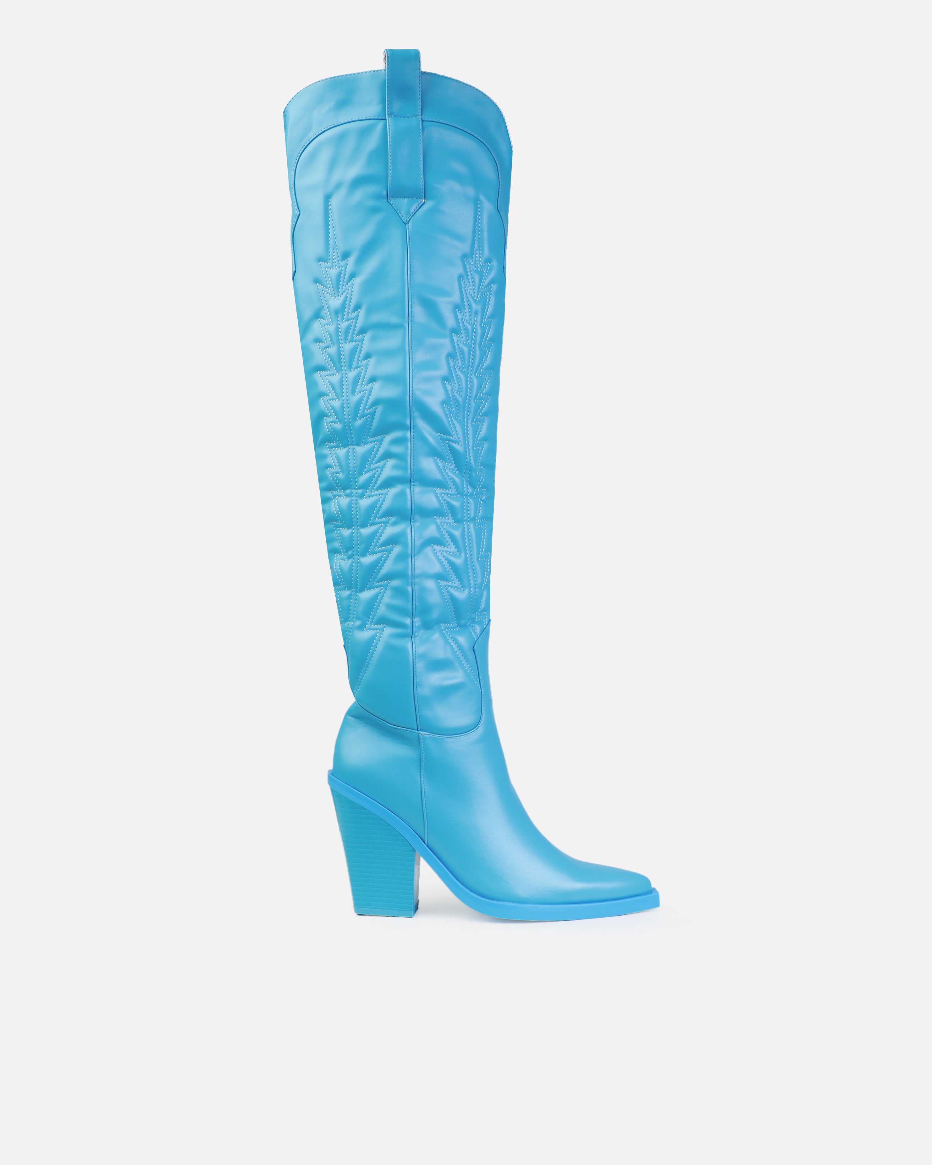 Tasha Ghouri Garcia Blue Over The Knee Western Boots | SIMMI London