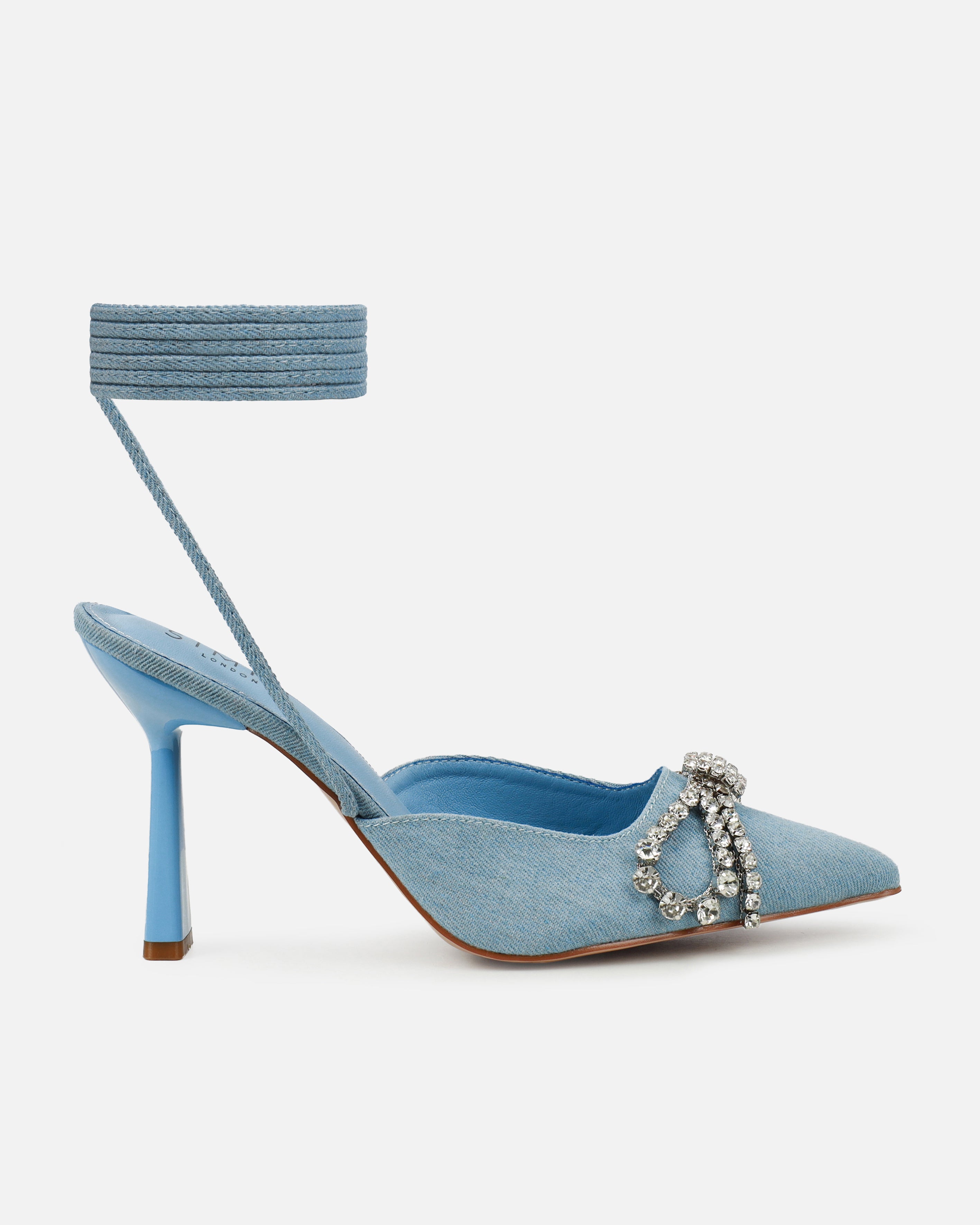 Davina Blue Denim Diamante Bow Lace Up Court Shoes | SIMMI London