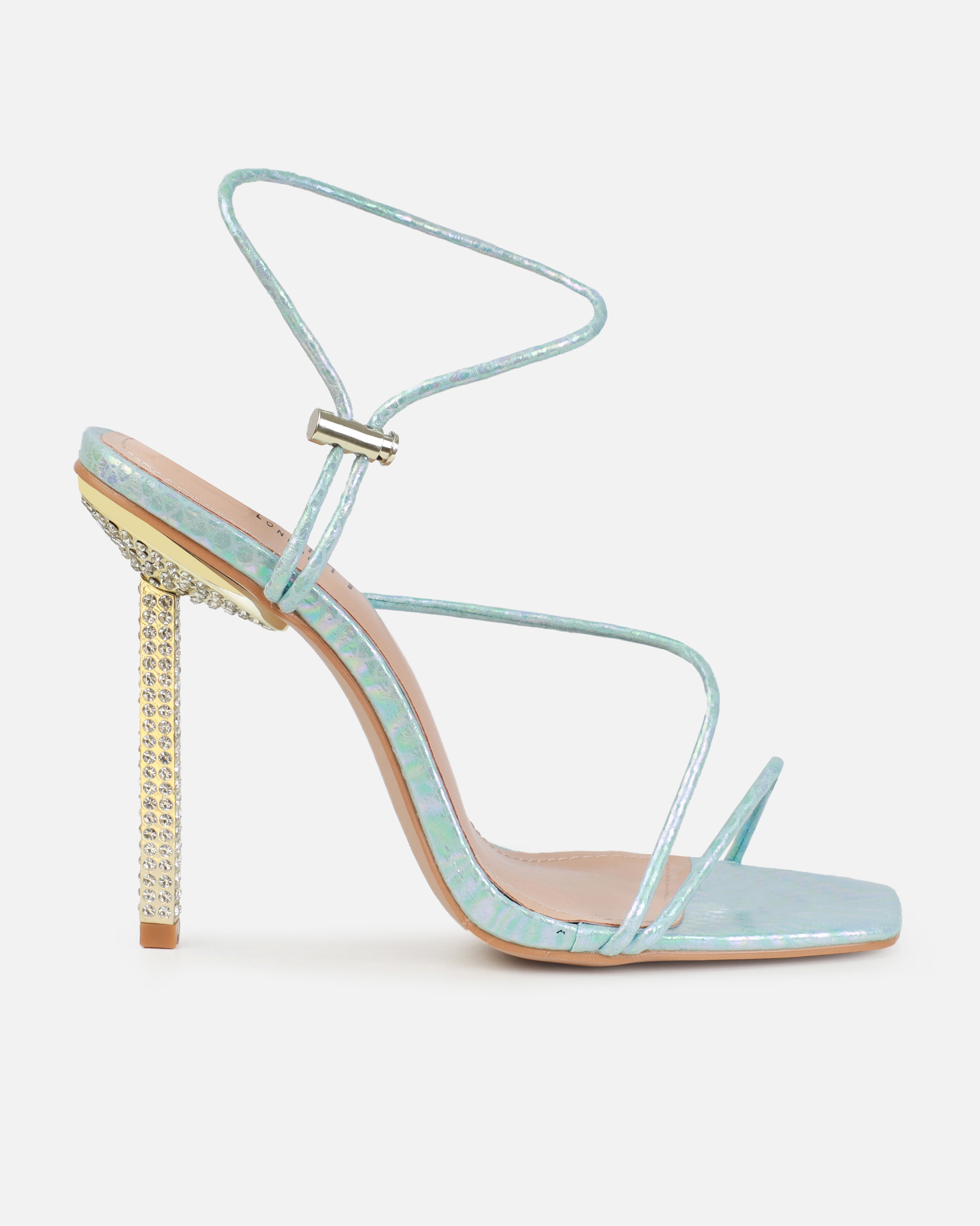 Dejii Blue Iridescent Faux Snake Print Diamante Heels | SIMMI London