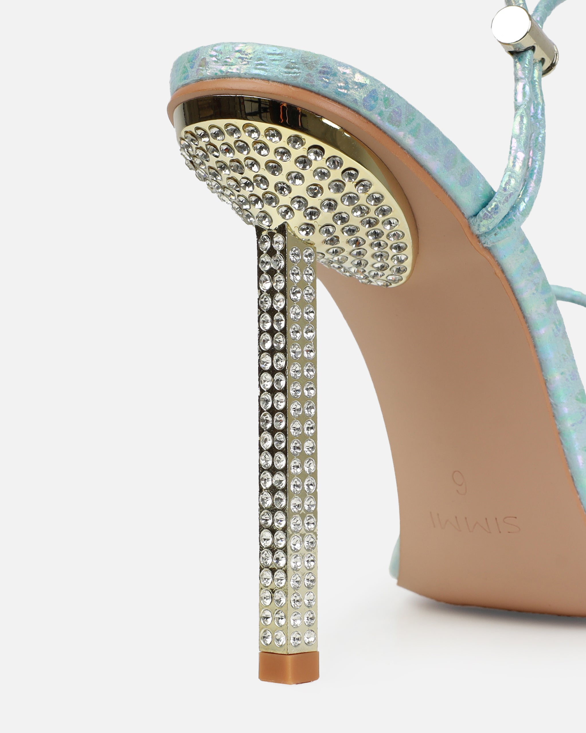Dejii Blue Iridescent Faux Snake Print Diamante Heels | SIMMI London