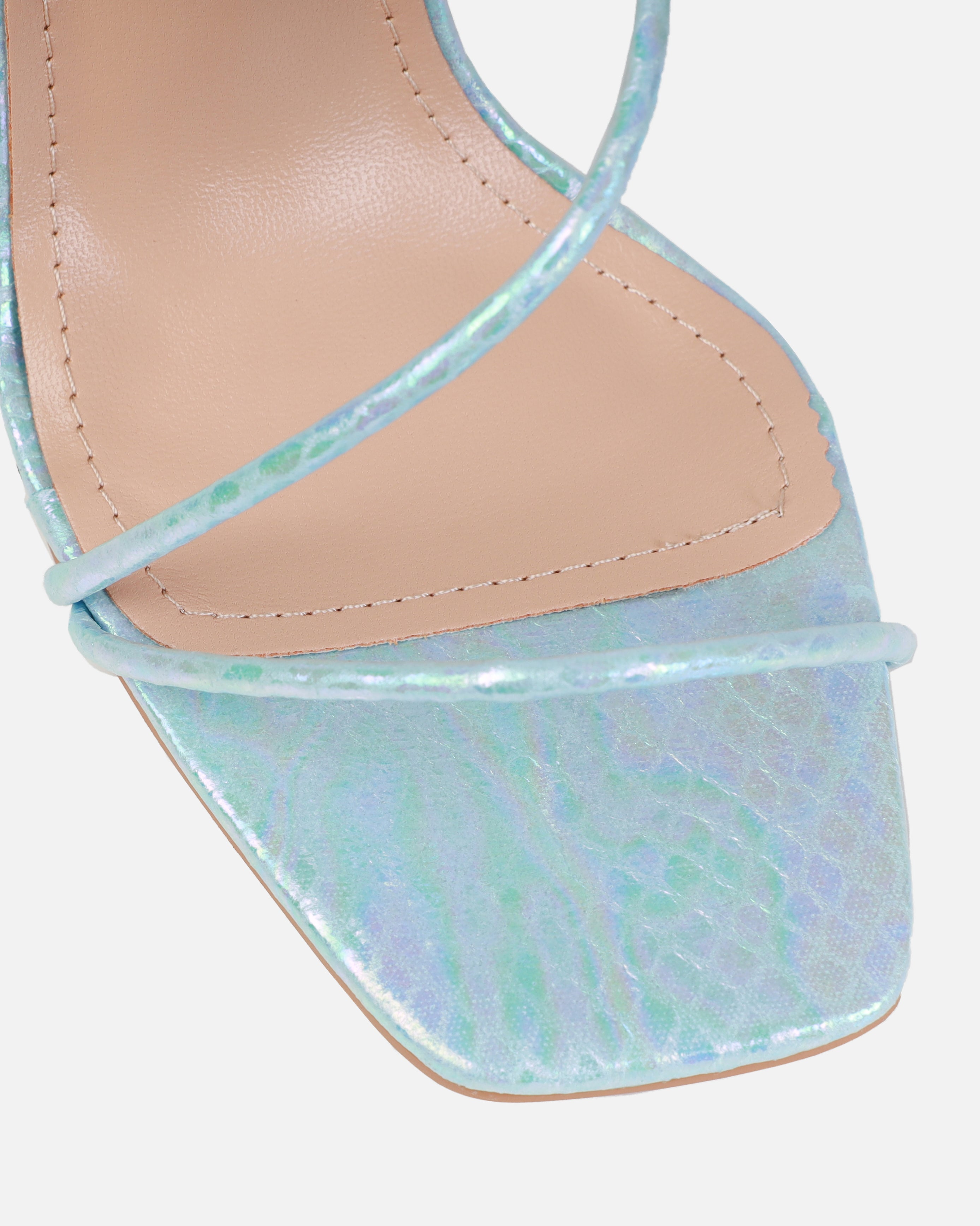 Dejii Blue Iridescent Faux Snake Print Diamante Heels | SIMMI London