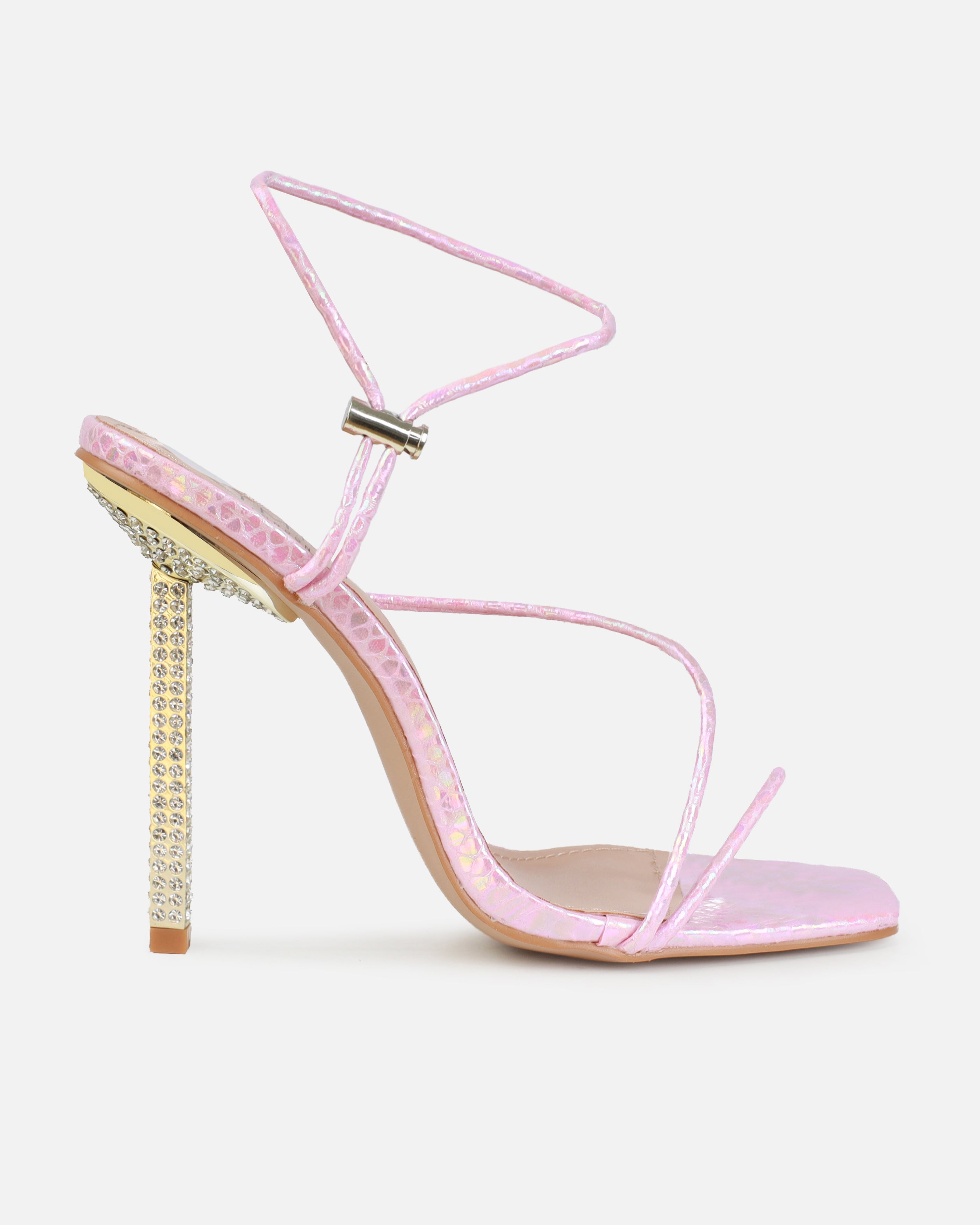 Dejii Pink Iridescent Faux Snake Diamante Heels | SIMMI London