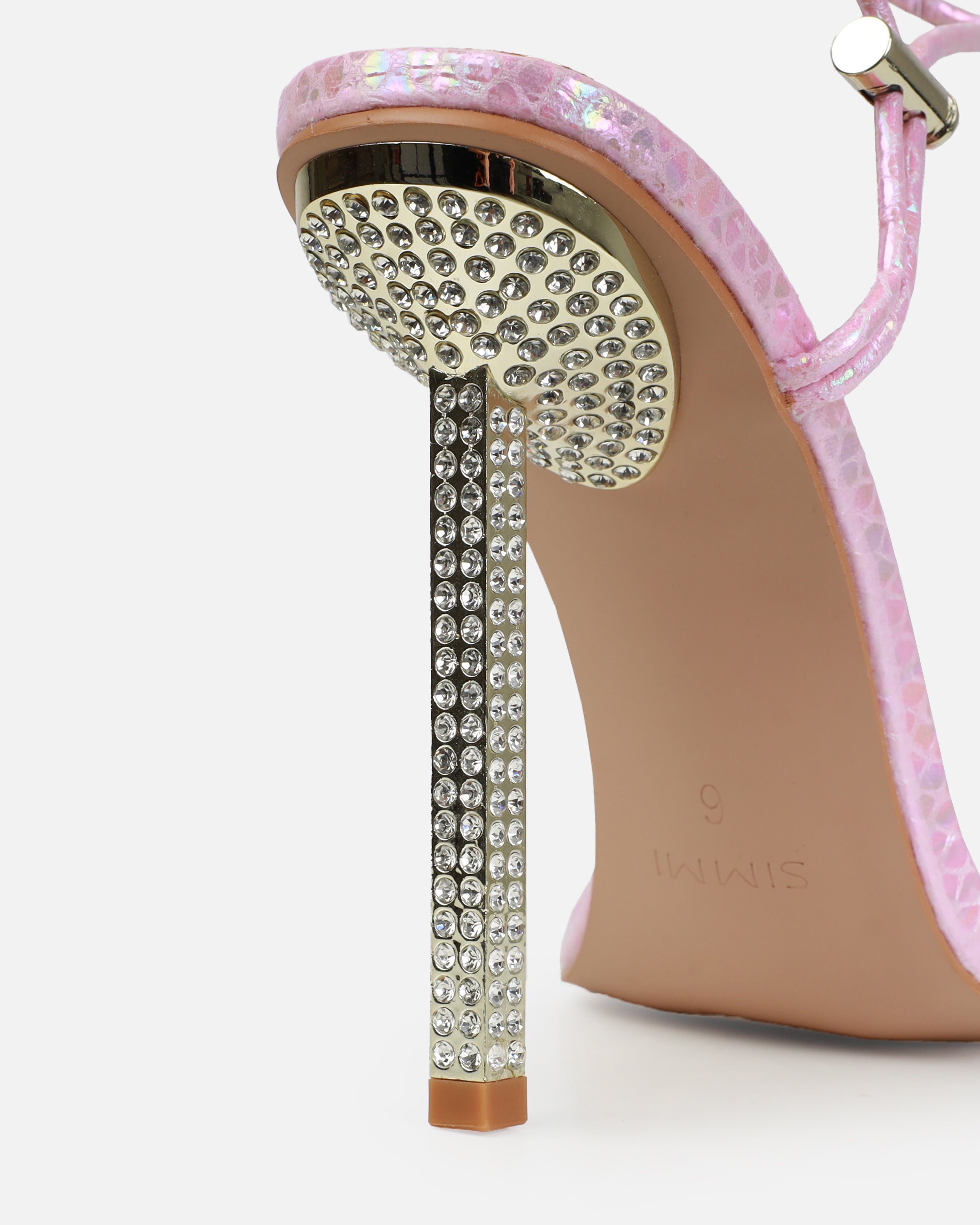 Dejii Pink Iridescent Faux Snake Diamante Heels | SIMMI London