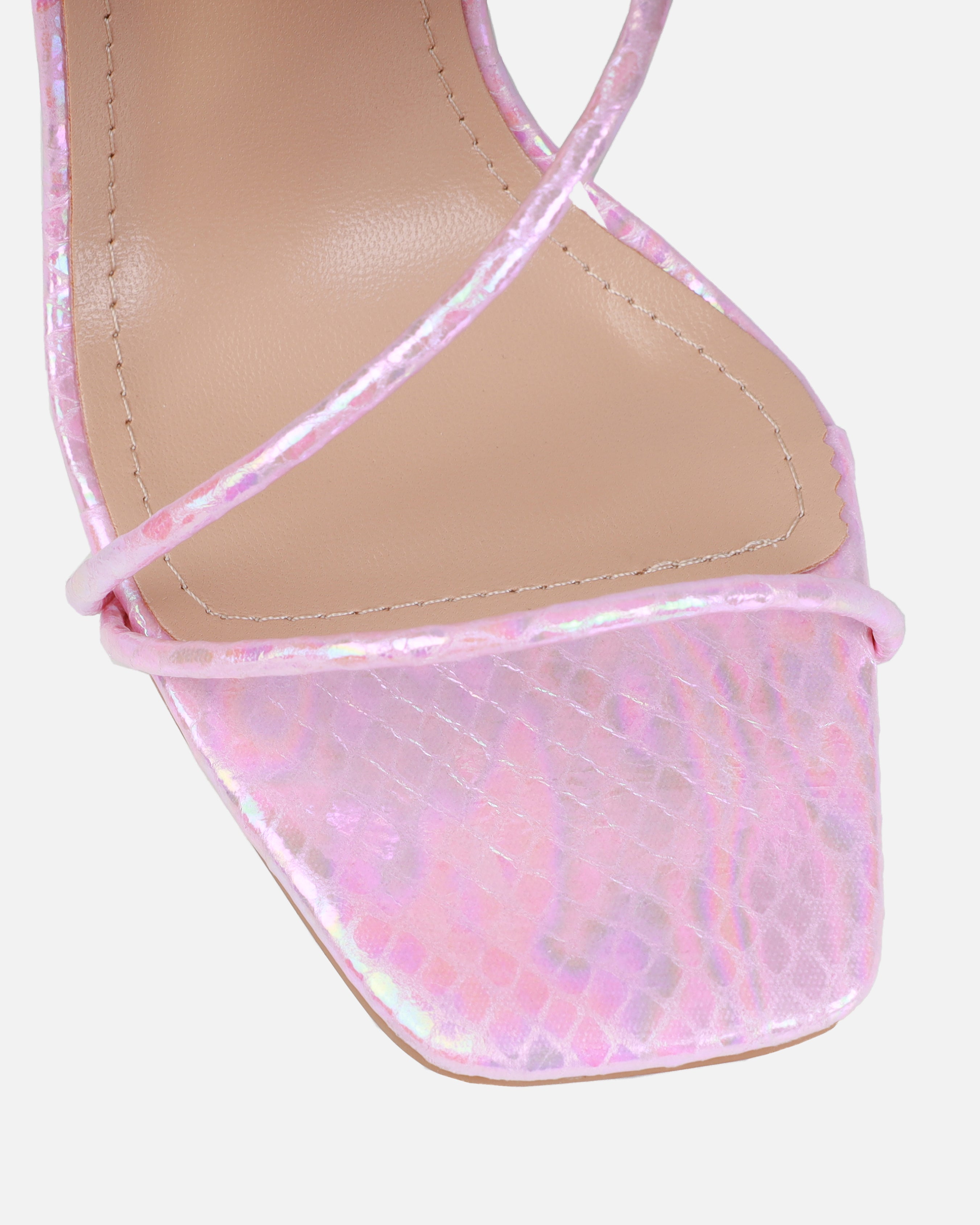 Dejii Pink Iridescent Faux Snake Print Diamante Heels | SIMMI London