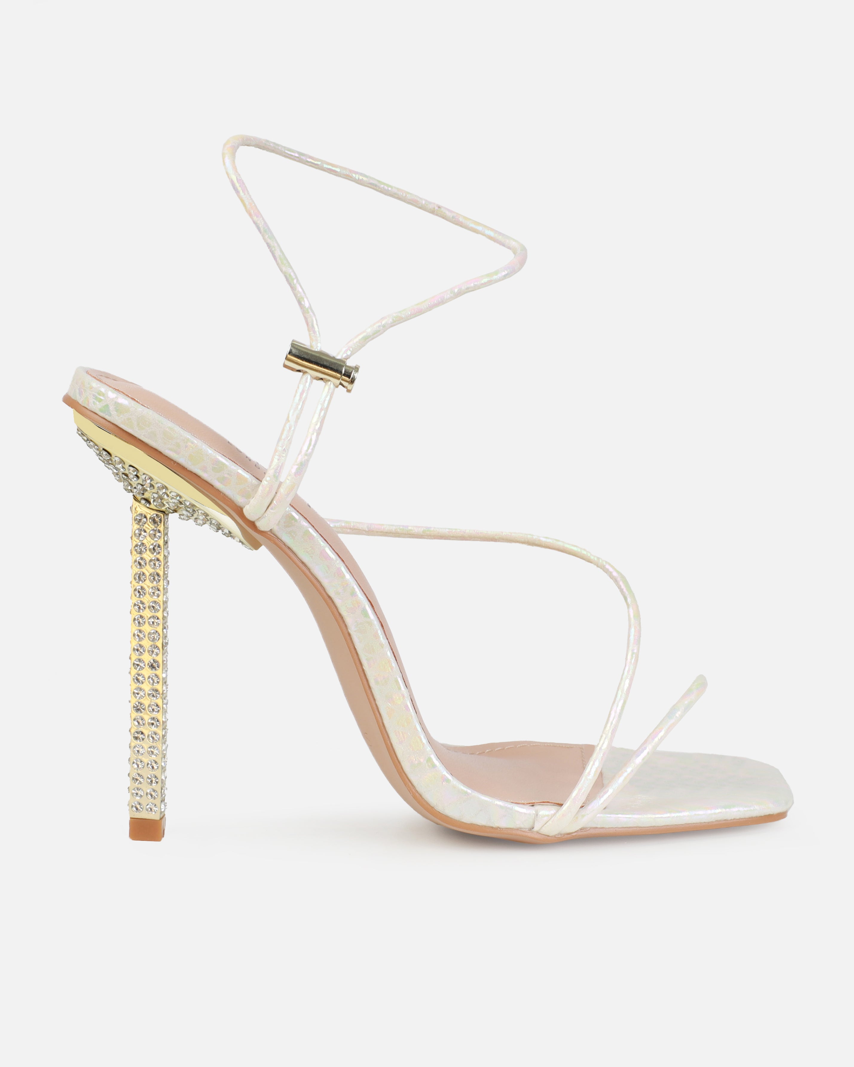 Dejii White Iridescent Faux Snake Print Diamante Heels | SIMMI London