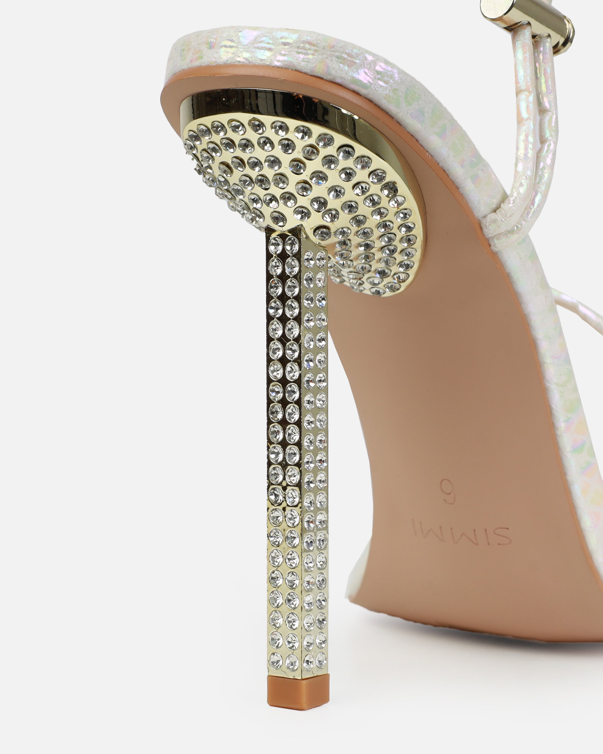 Dejii White Iridescent Faux Snake Print Diamante Heels | SIMMI London