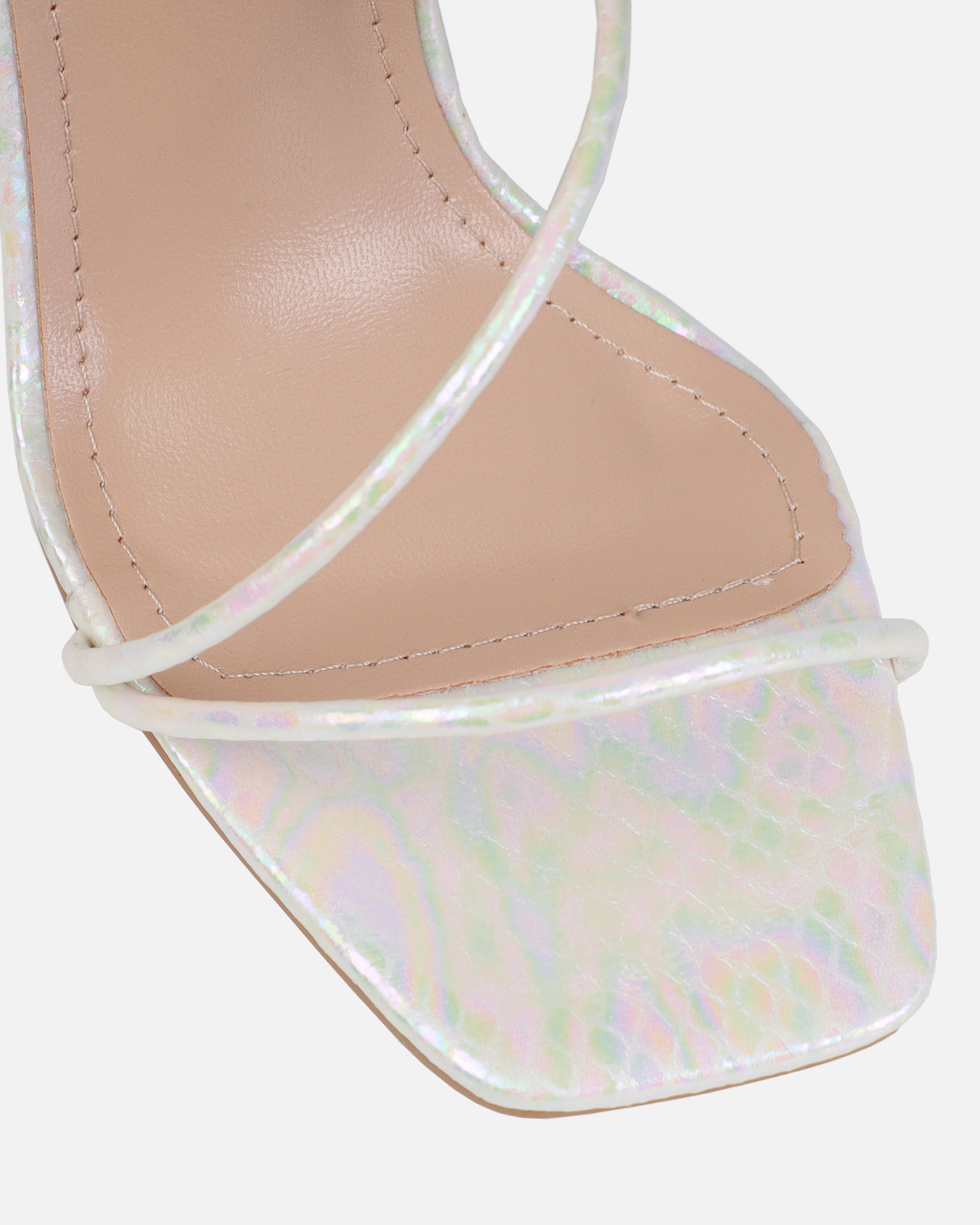 Dejii White Iridescent Faux Snake Print Diamante Heels | SIMMI London