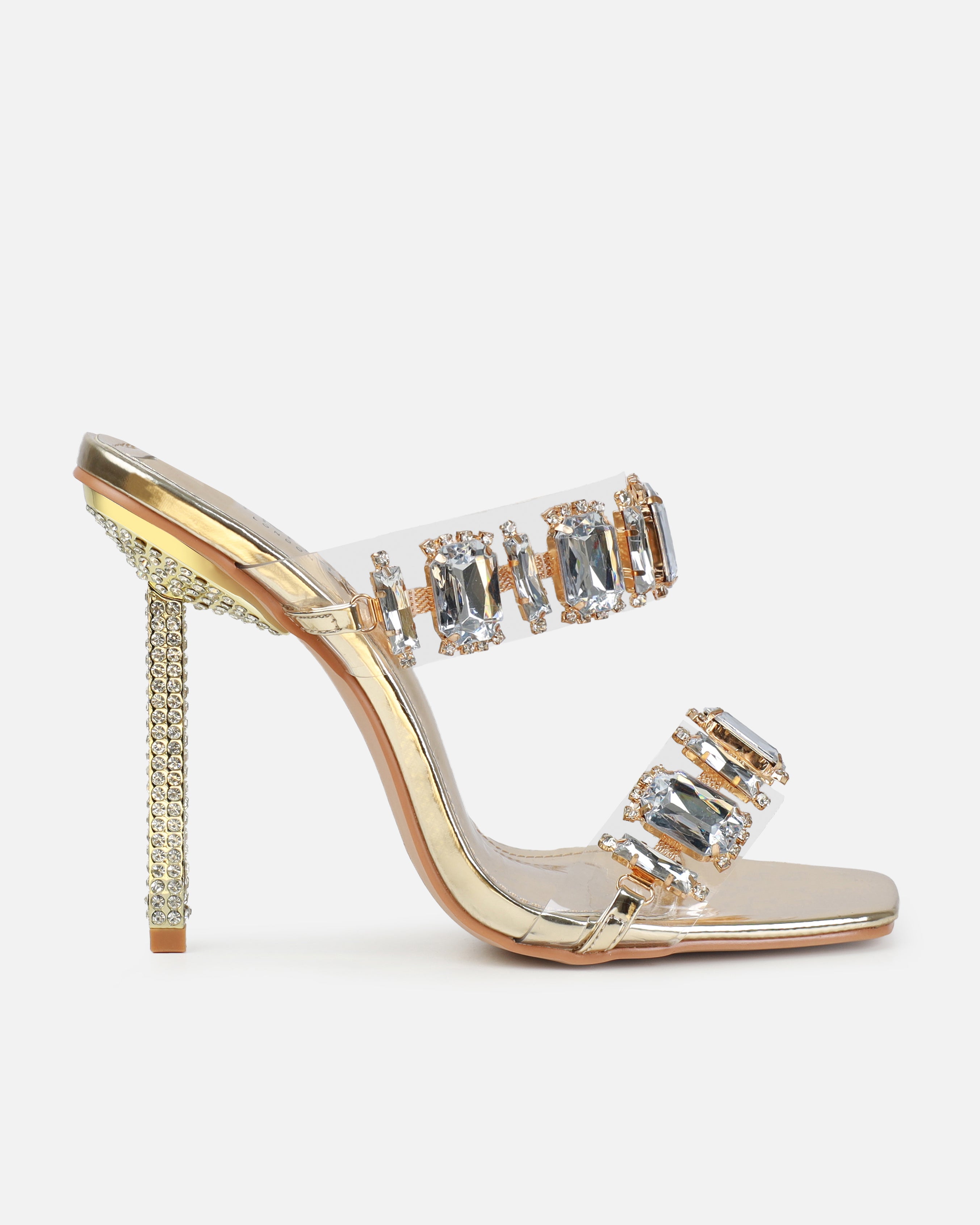 Jacqualyn Gold Clear Diamante Gem Stiletto Mules | SIMMI London