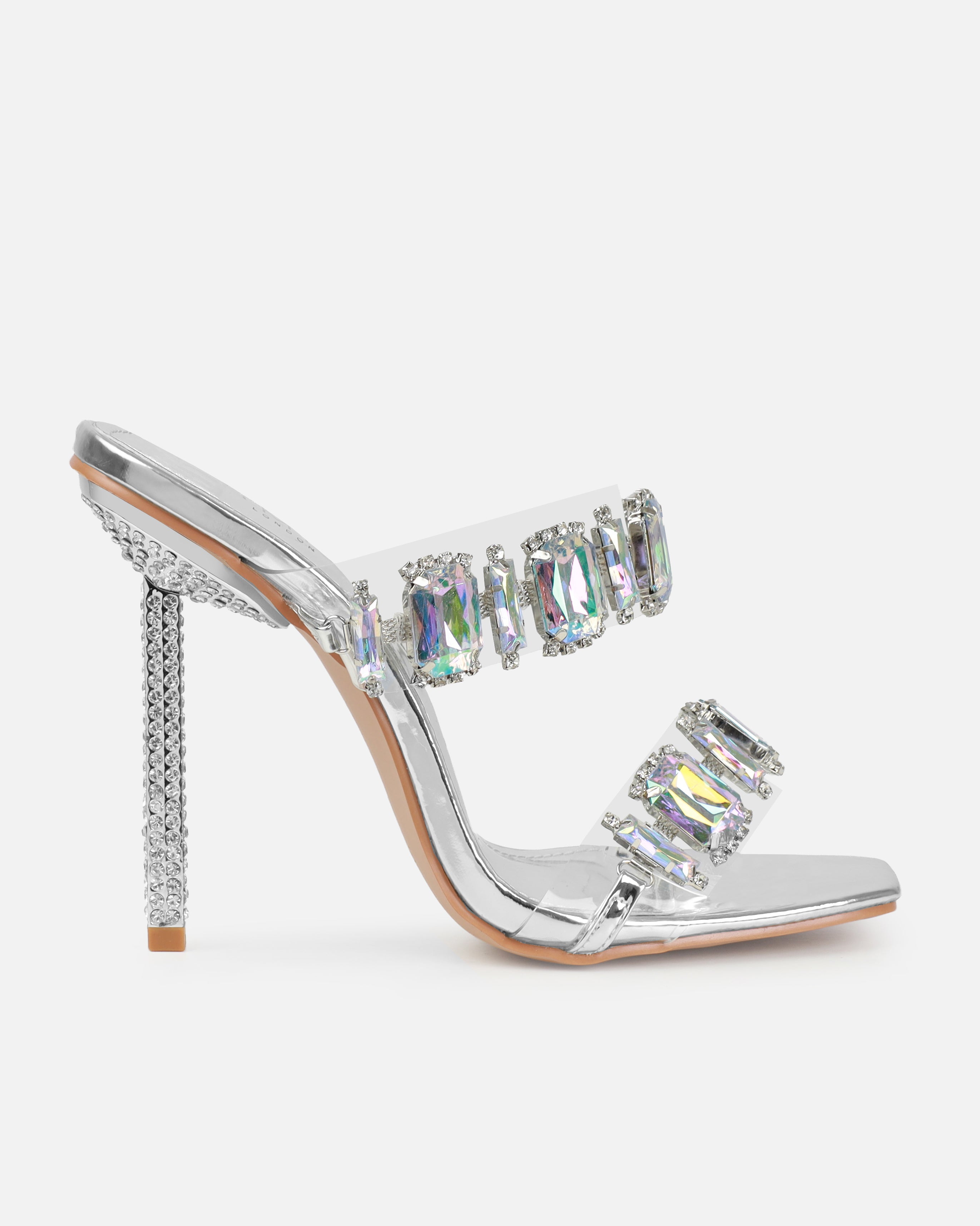 Jacqualyn Silver Clear Diamante Gem Stiletto Mules | SIMMI London