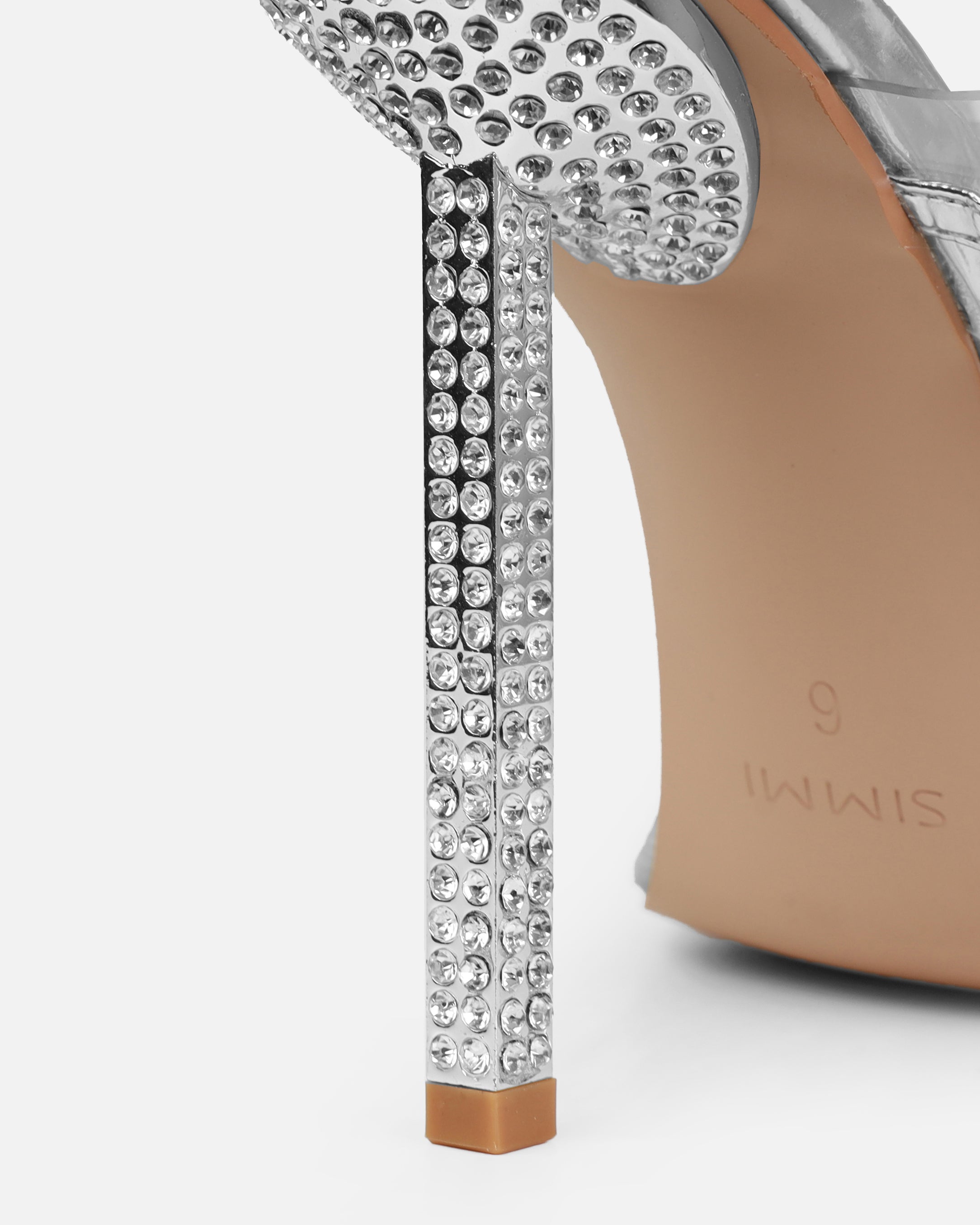 Jacqualyn Silver Clear Diamante Gem Stiletto Mules | SIMMI London