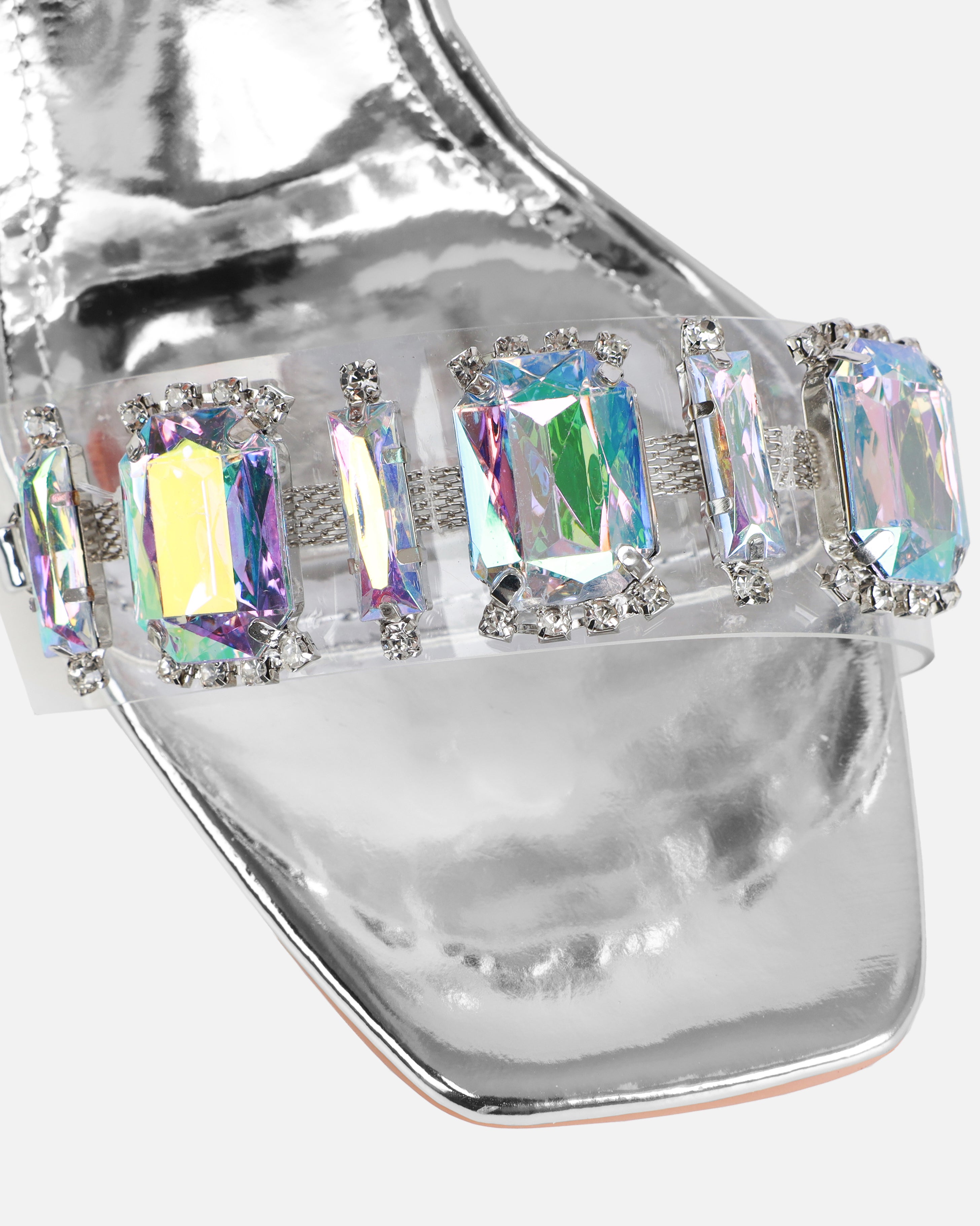 Jacqualyn Silver Clear Diamante Gem Stiletto Mules | SIMMI London