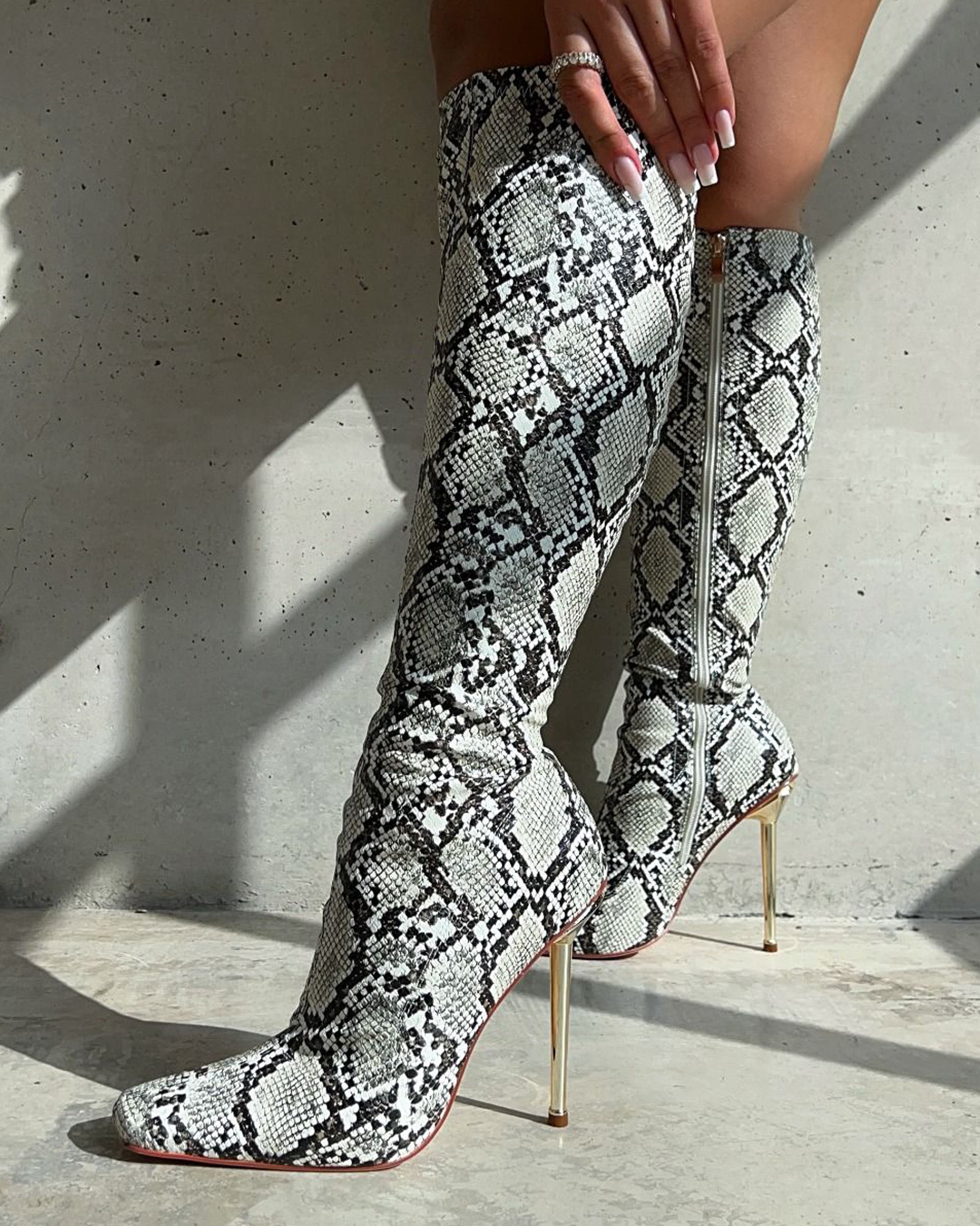 Tasha Ghouri Delano Stone Faux Snake Print Stiletto Knee High