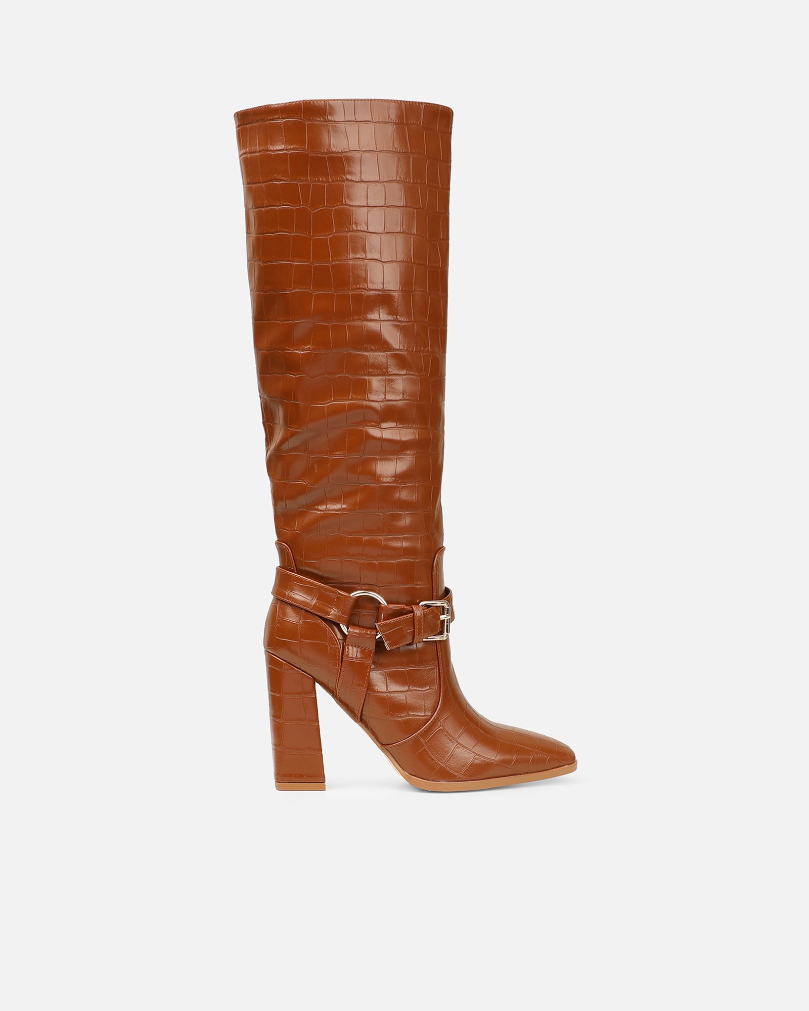 Darell Tan Croc Effect Over The Knee Block Heeled Boots | SIMMI London