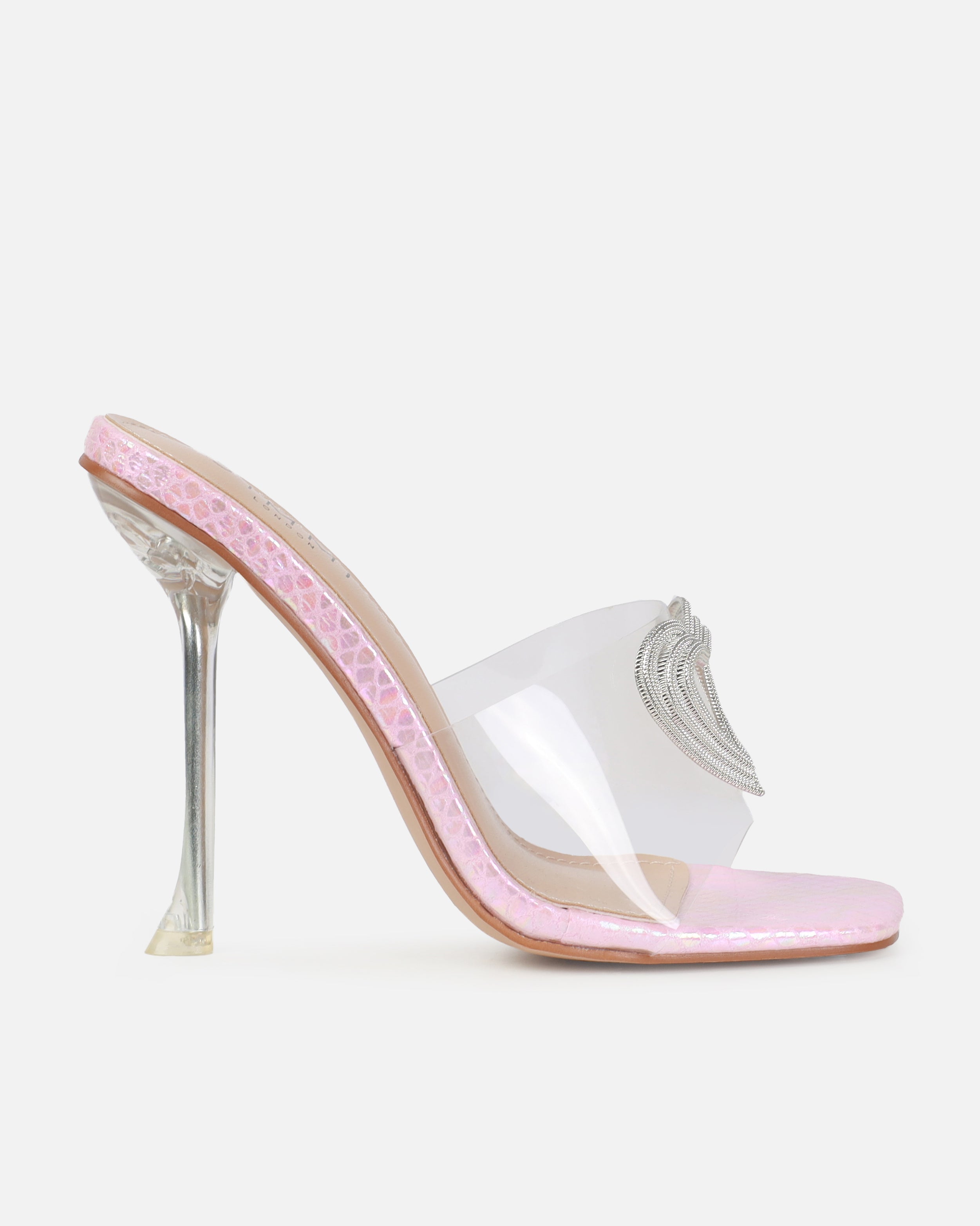Dita Pink Clear Metallic Diamante Heart Stiletto Mules | SIMMI London