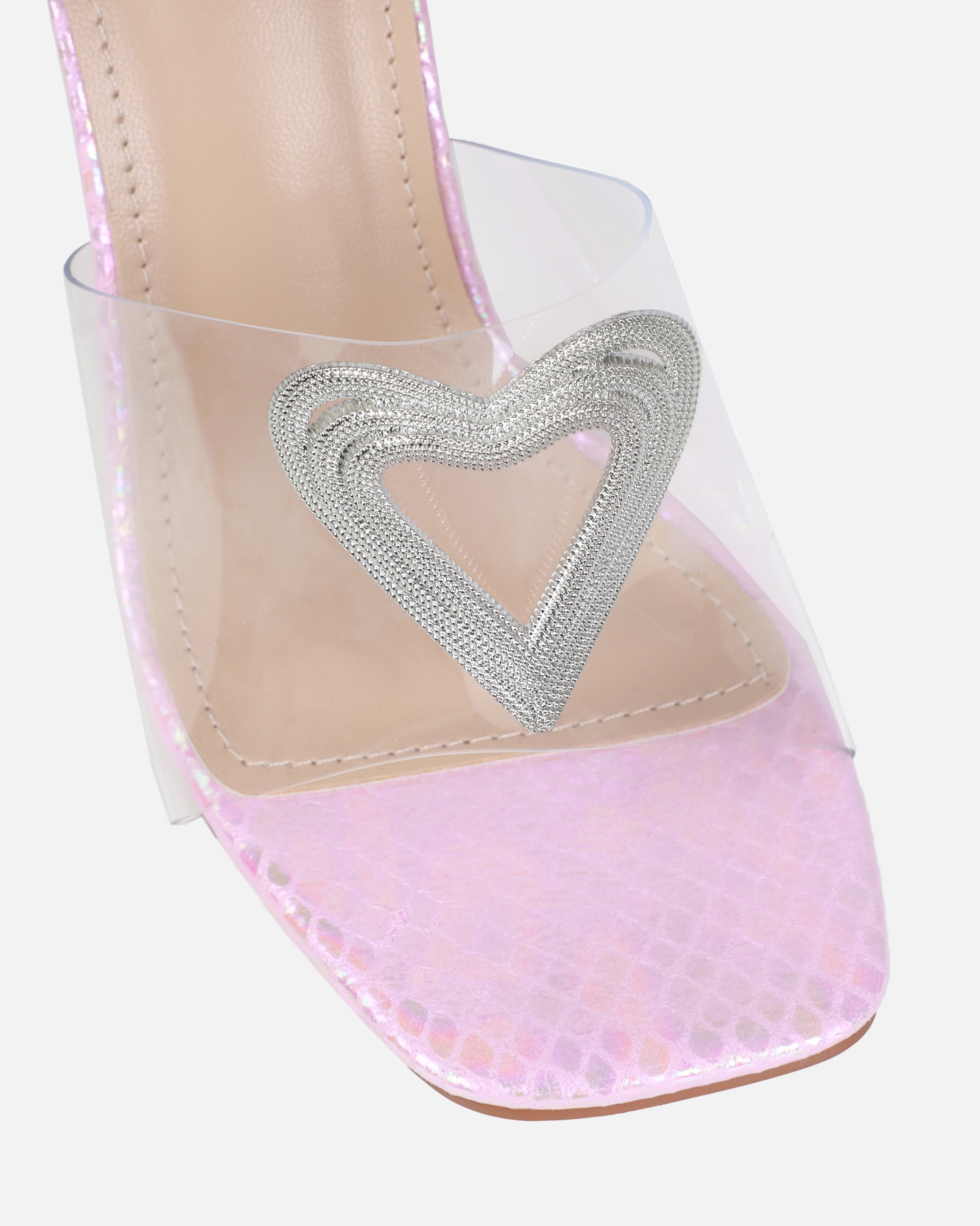 Dita Pink Clear Metallic Diamante Heart Stiletto Mules | SIMMI London