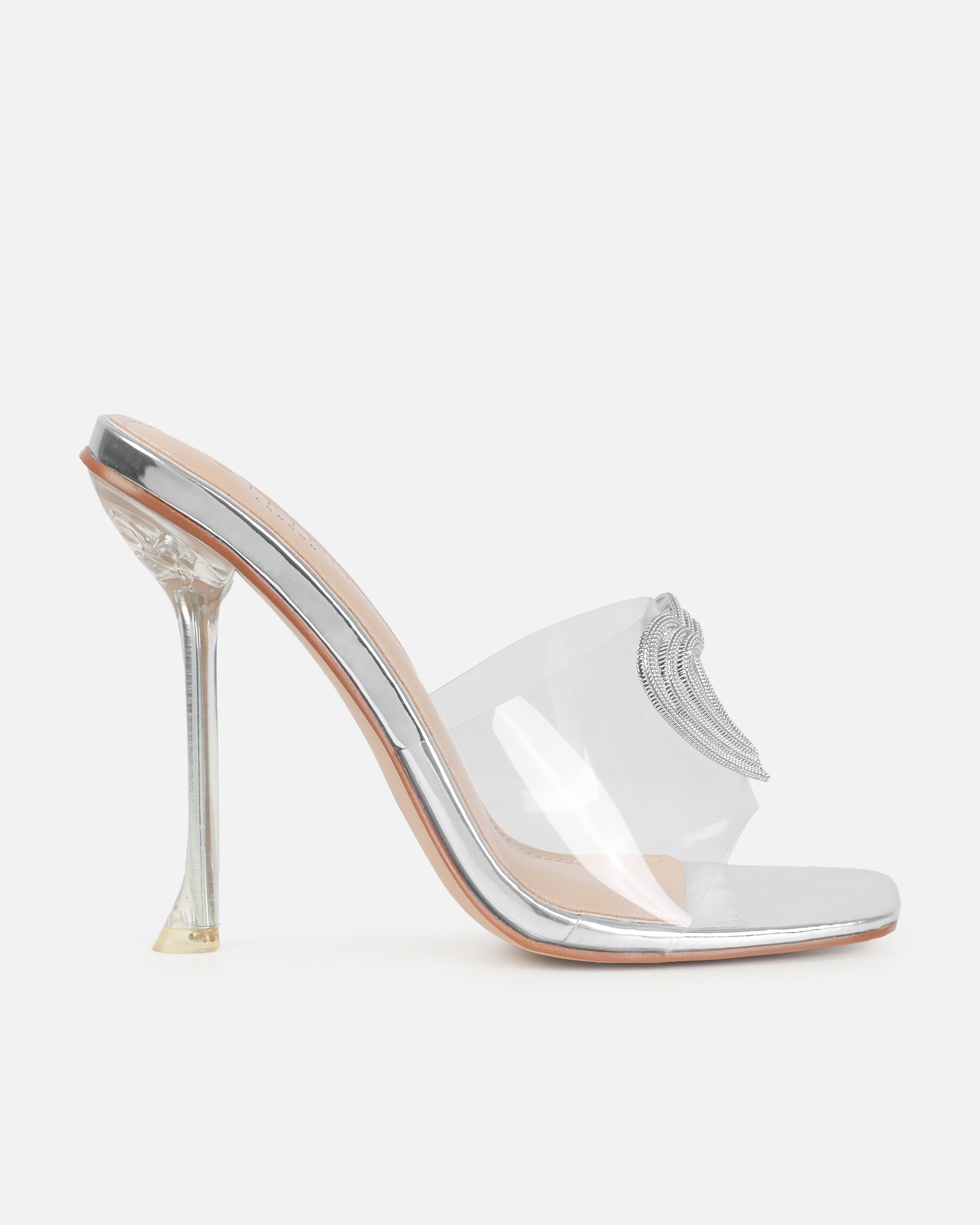 Dita Silver Clear Diamante Heart Stiletto Mules | SIMMI London
