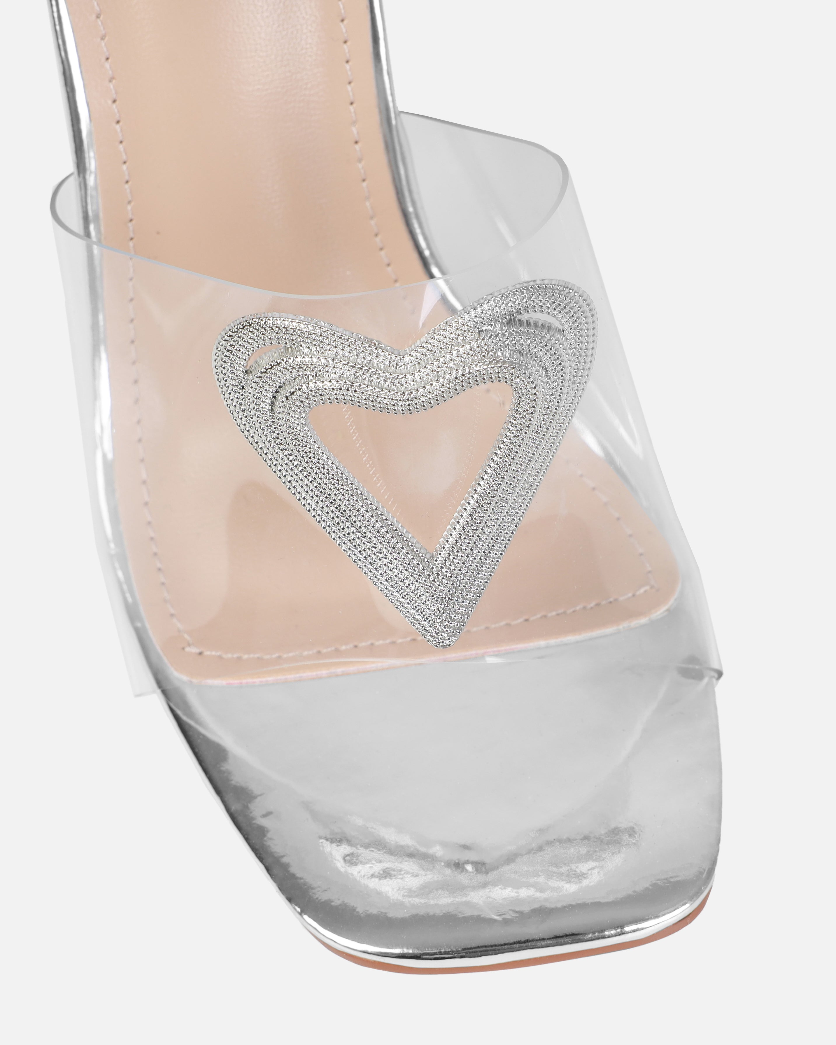 Dita Silver Clear Diamante Heart Stiletto Mules | SIMMI London