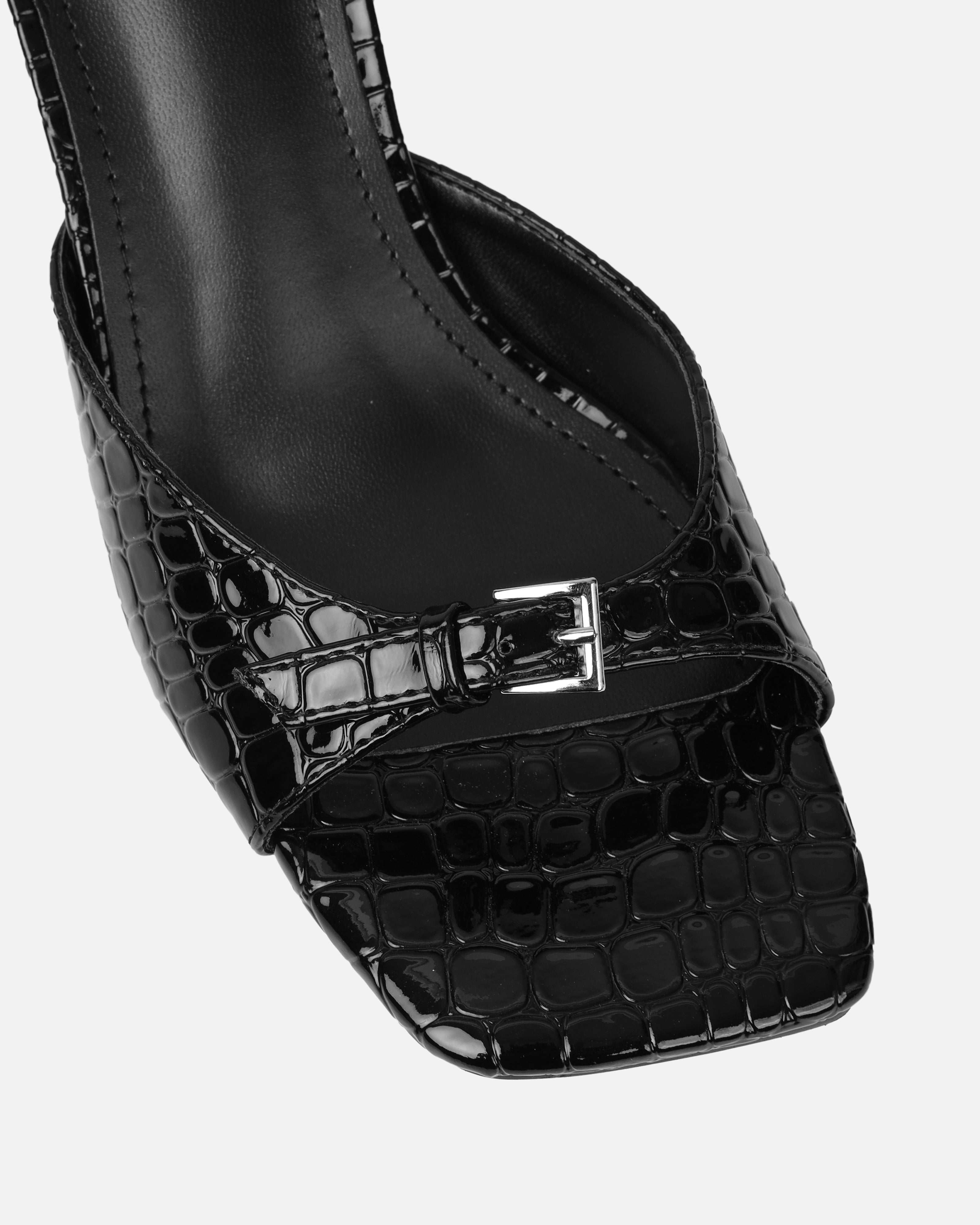 Dotty Black Croc Effect Low Heeled Mules | SIMMI London