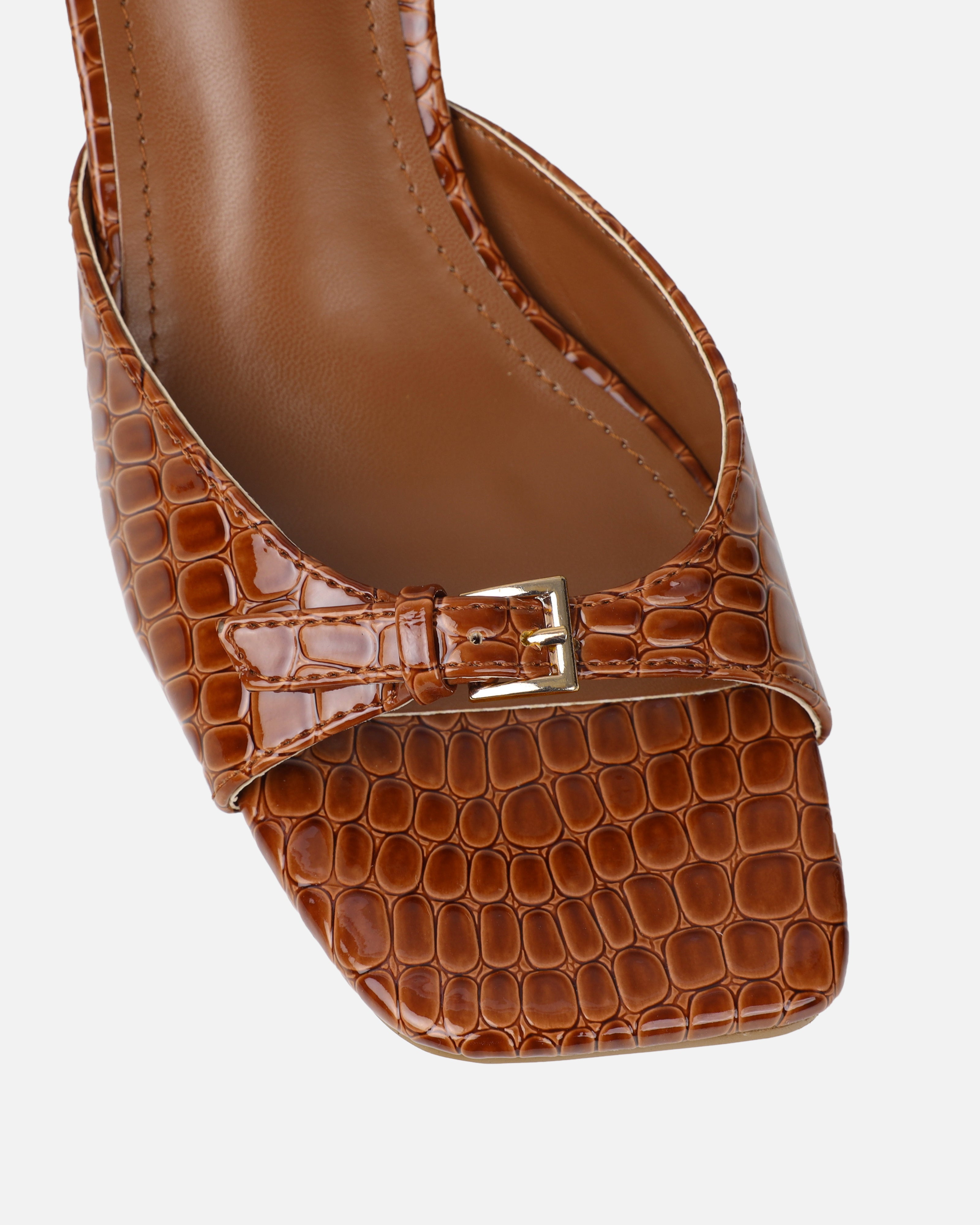 Dotty Tan Croc Effect Low Heeled Mules | SIMMI London