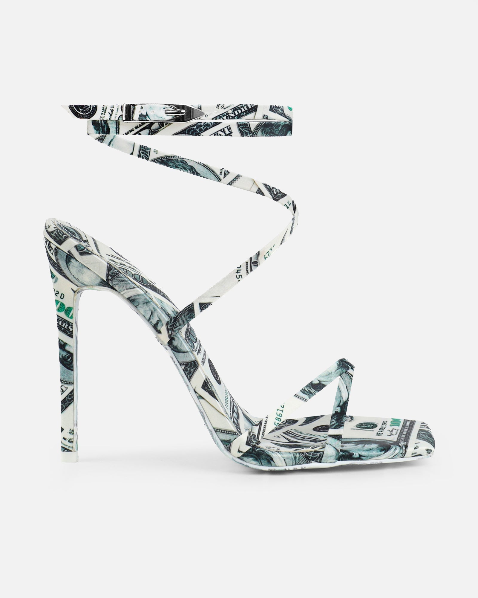 Dosh Green Dollar Print Strappy Heeled Sandals | SIMMI London