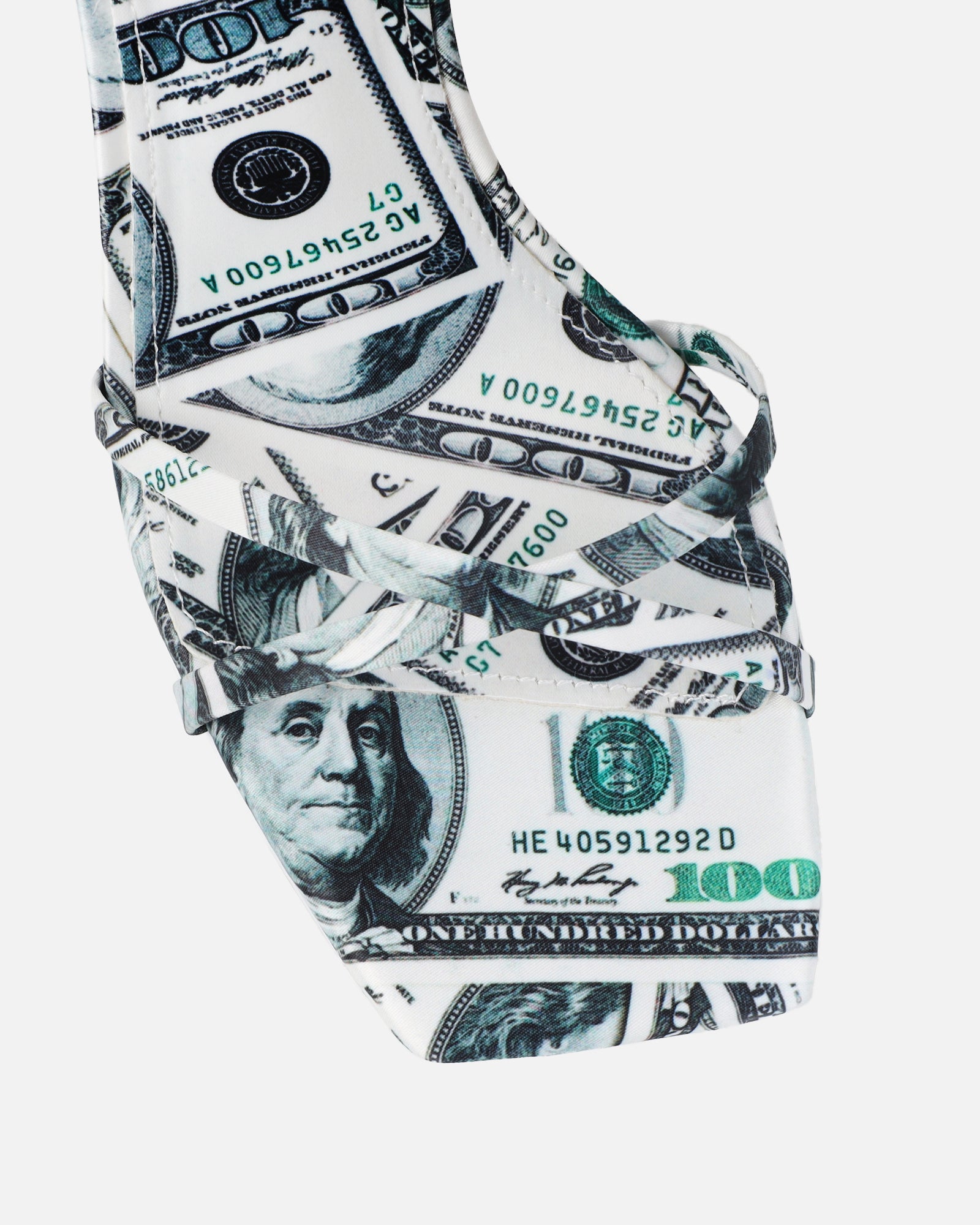 Dosh Green Dollar Print Strappy Heeled Sandals | SIMMI London