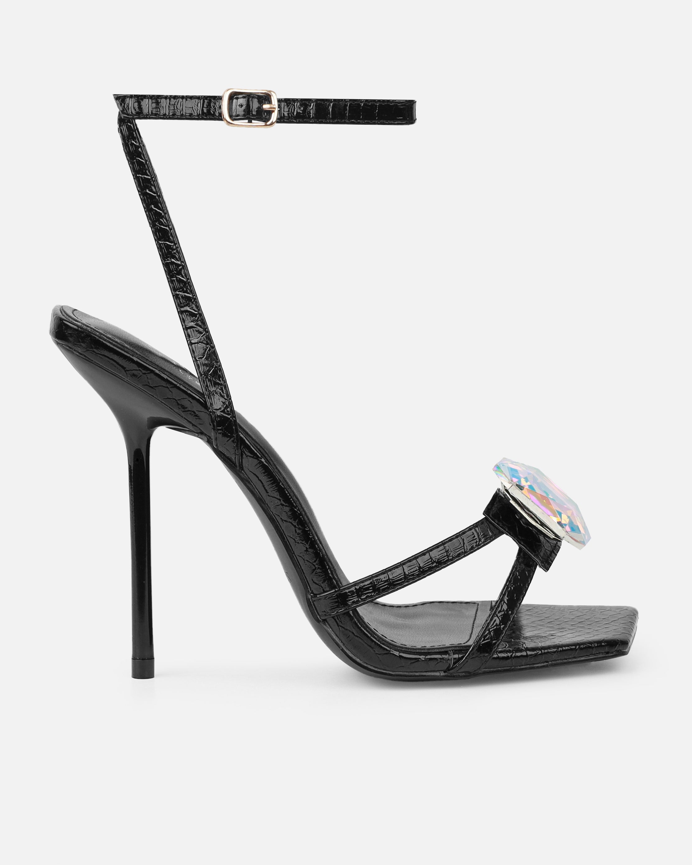 Dovie Black Faux Snake Print Gem Heels | SIMMI London