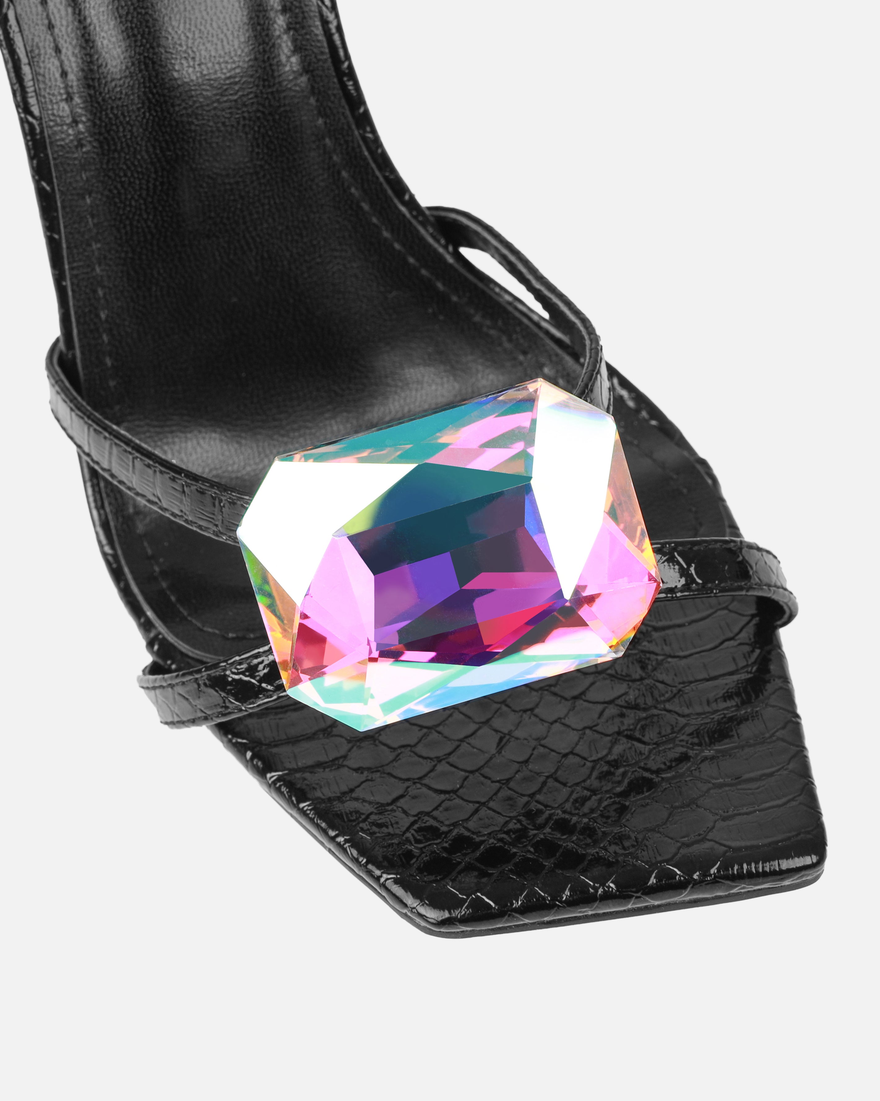 Dovie Black Faux Snake Print Gem Heels | SIMMI London