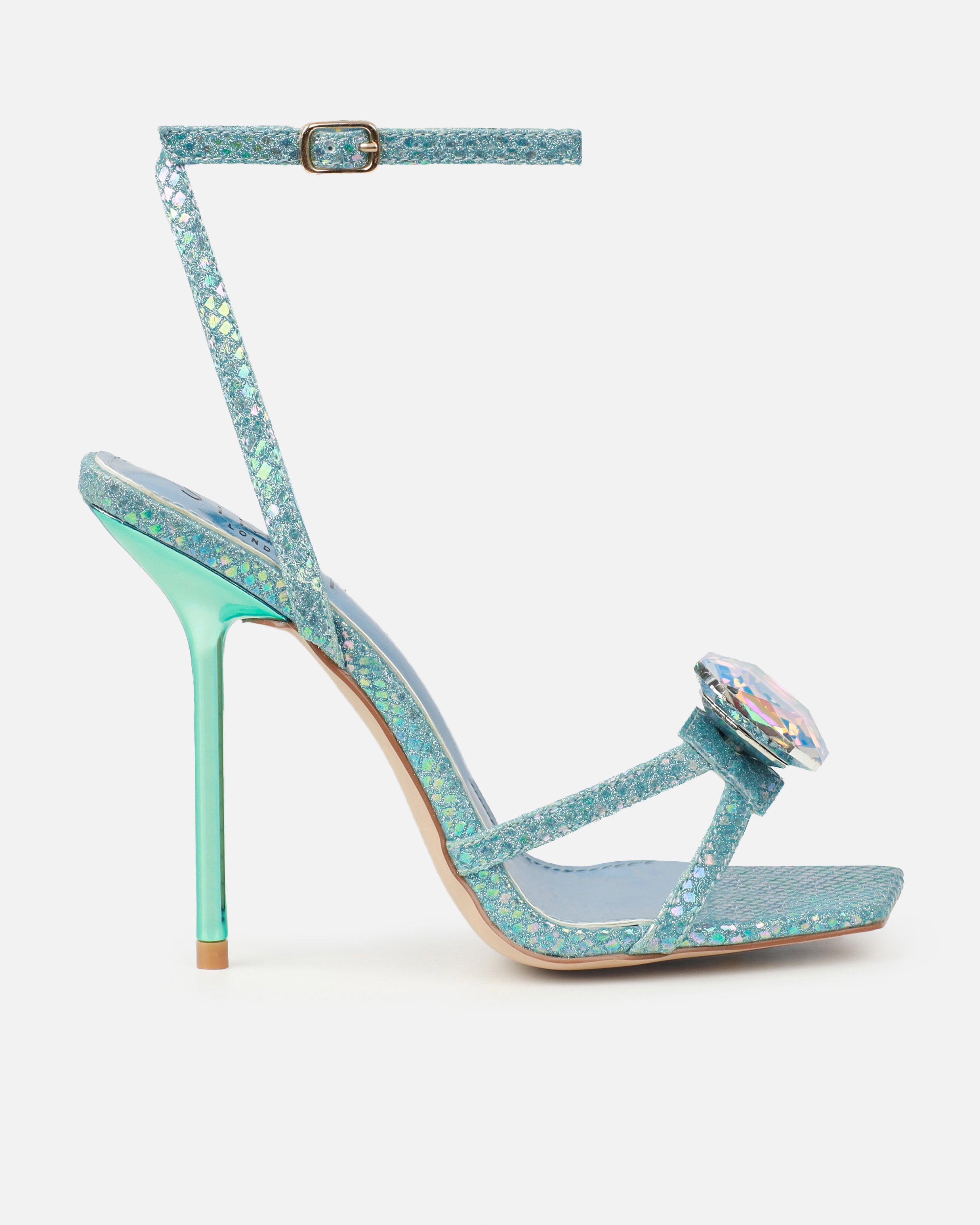 Dovie Blue Glitter Faux Snake Print Gem Heels | SIMMI London
