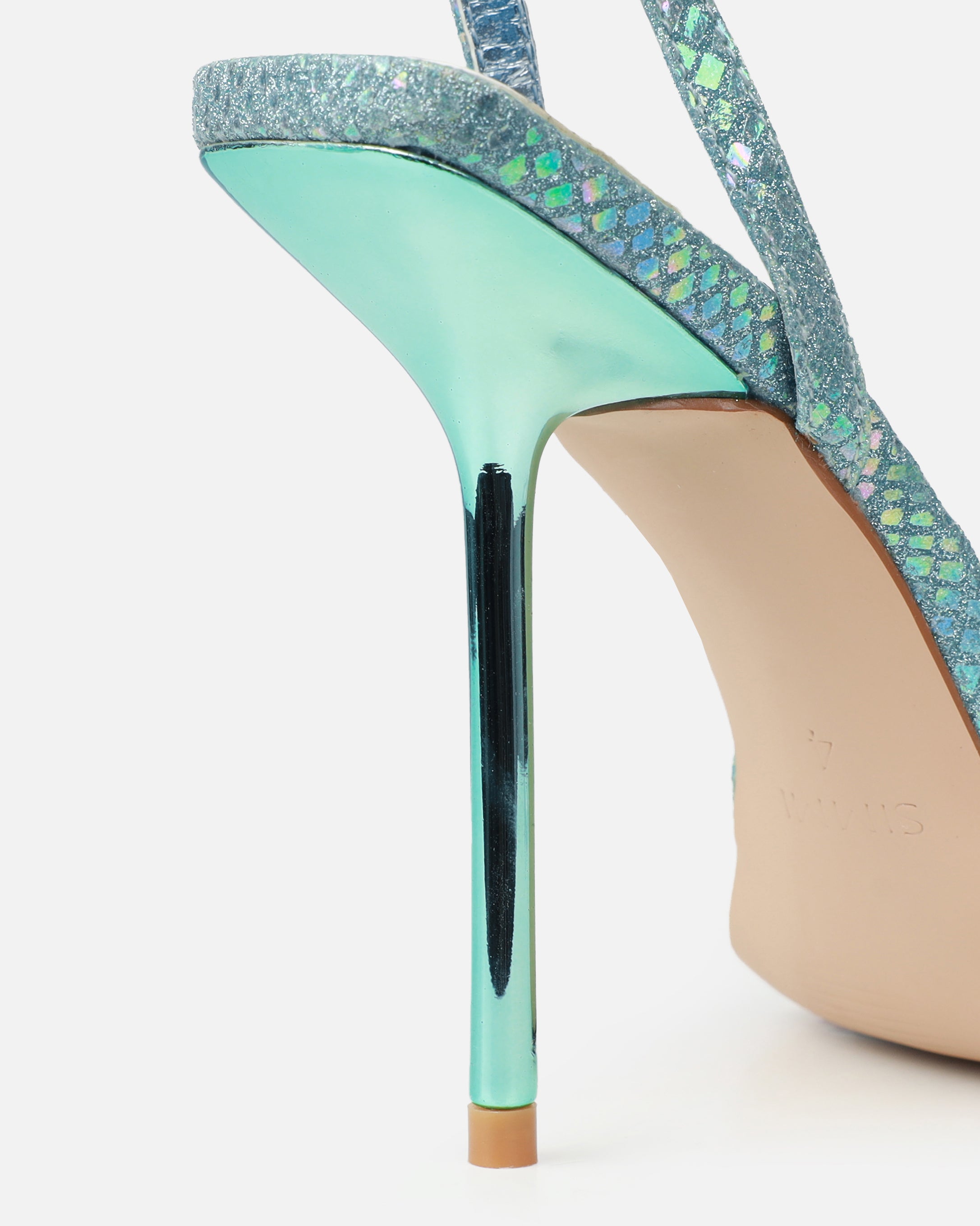 Dovie Blue Glitter Faux Snake Print Gem Heels