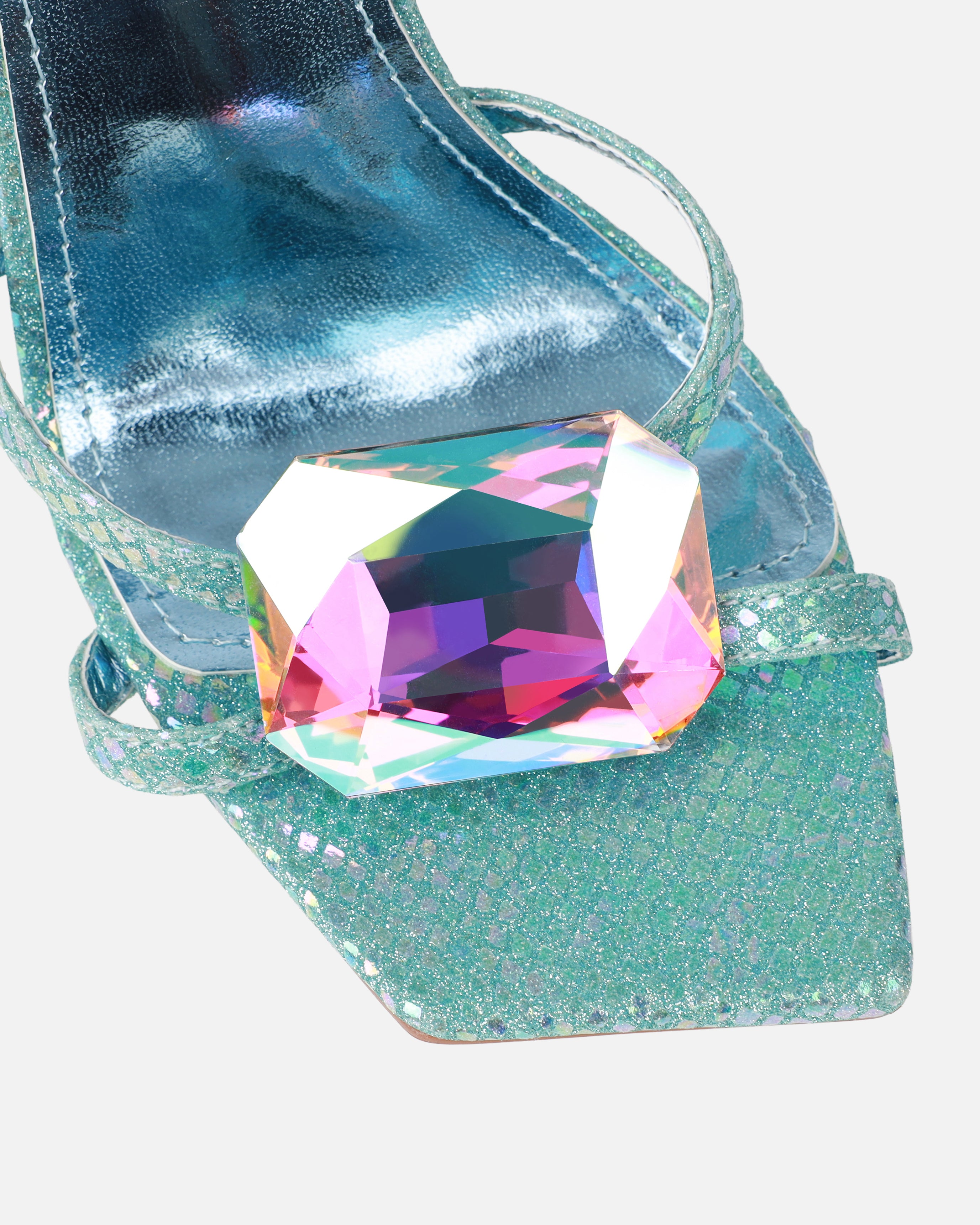 Dovie Blue Glitter Faux Snake Print Gem Heels