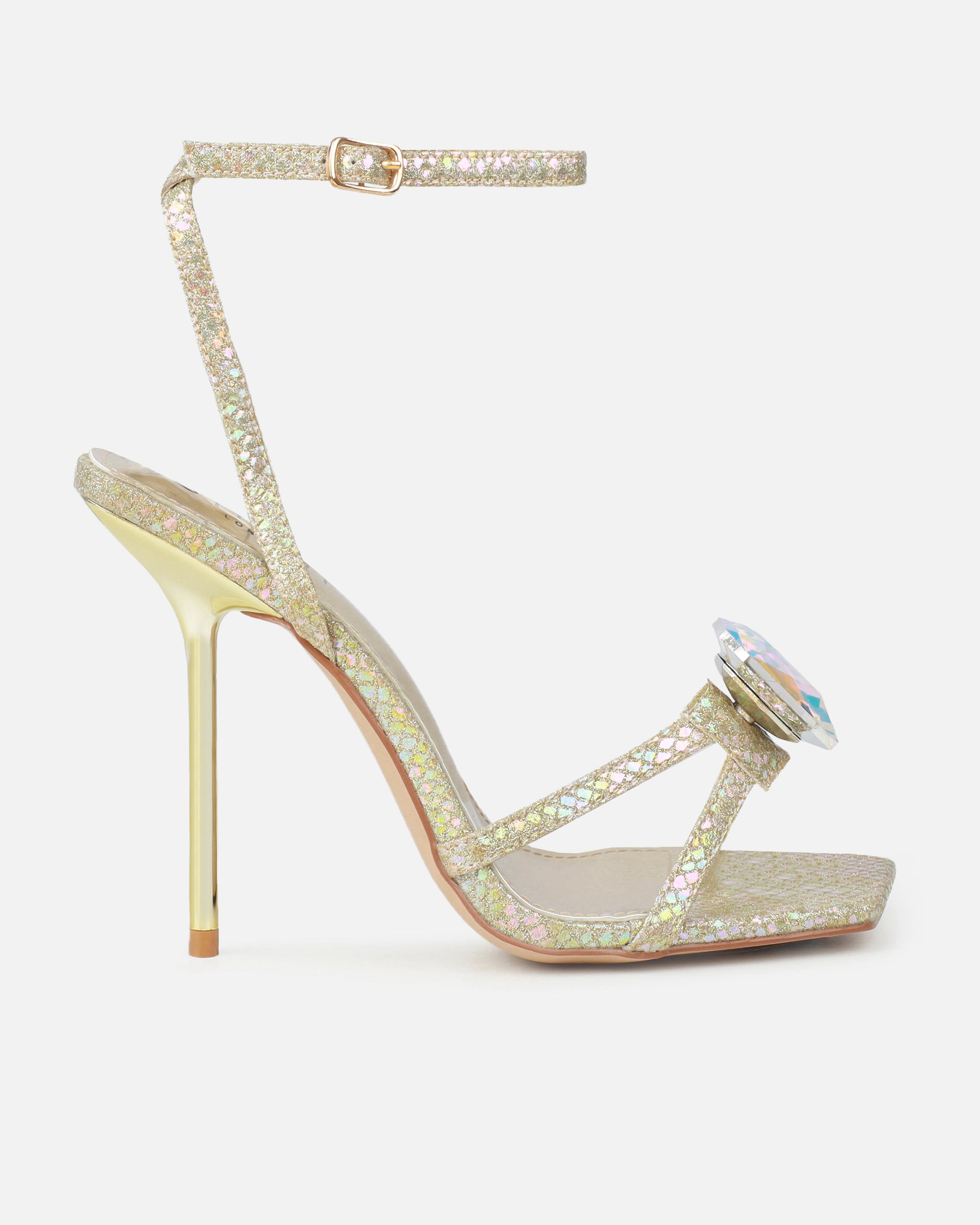 Dovie Gold Glitter Faux Snake Print Gem Heels | SIMMI London