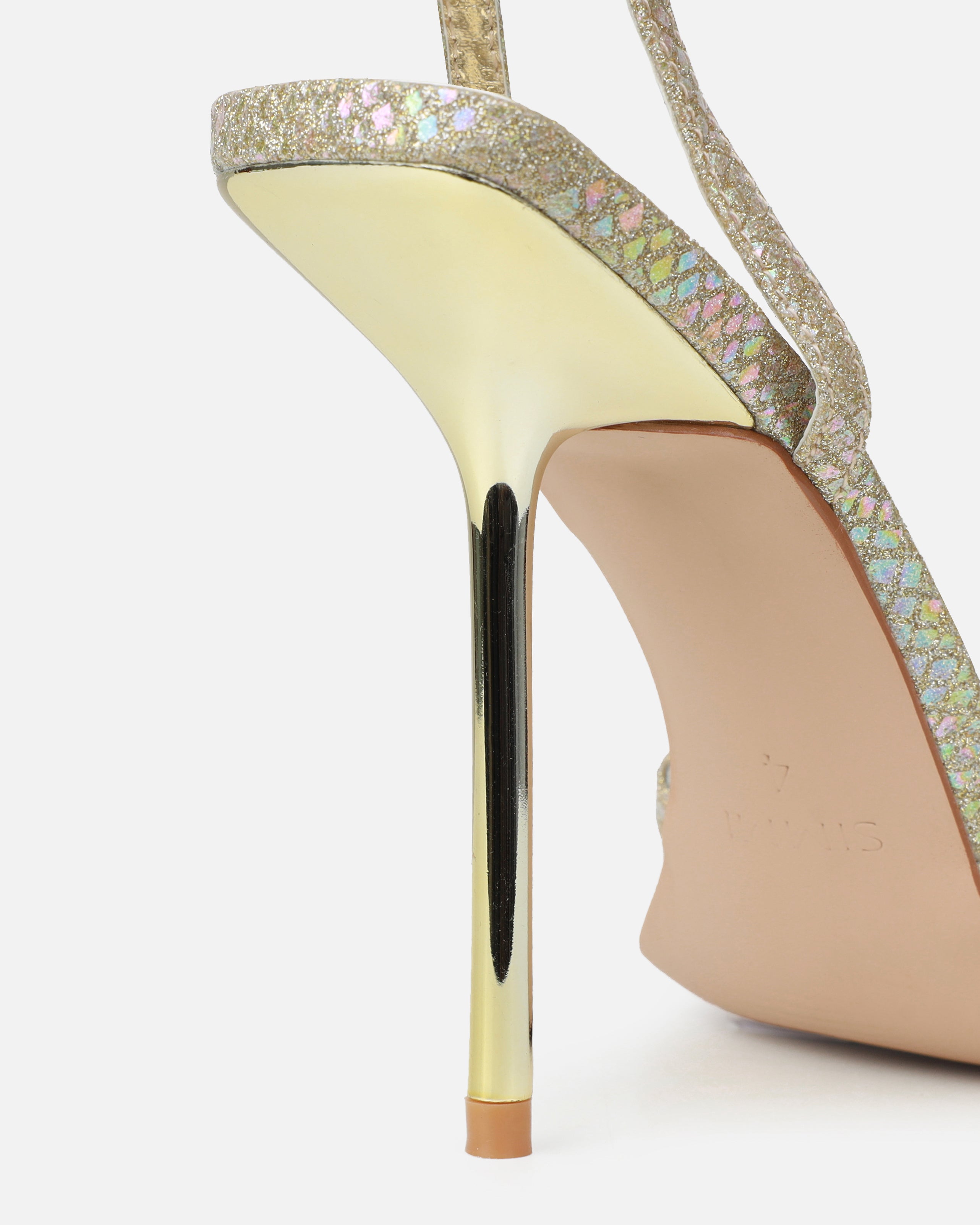 Dovie Gold Glitter Faux Snake Print Gem Heels