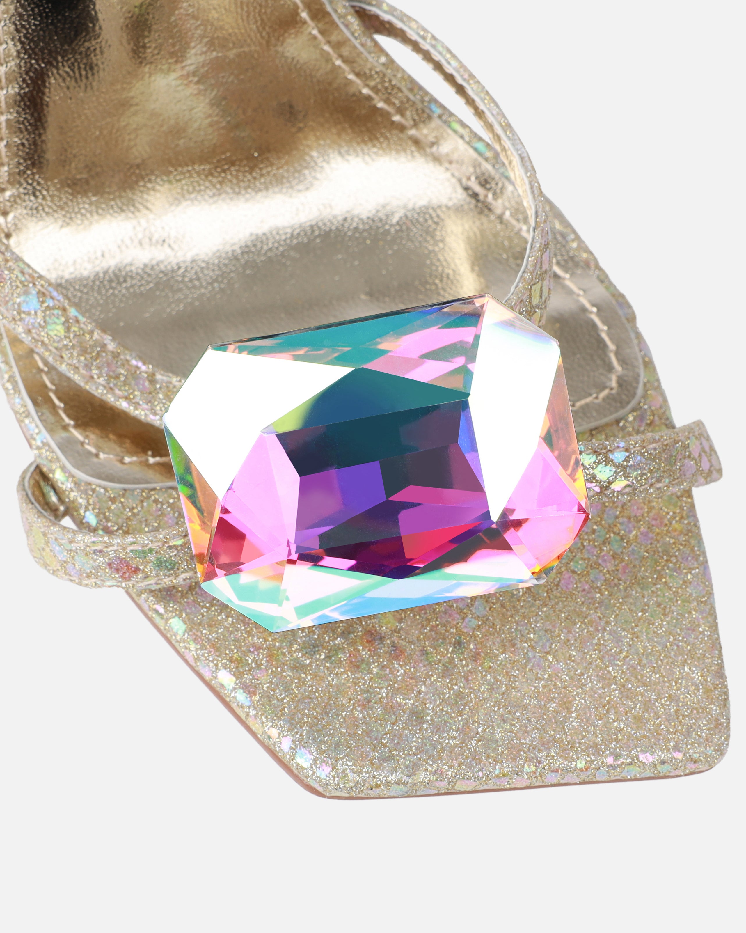 Dovie Gold Glitter Faux Snake Print Gem Heels