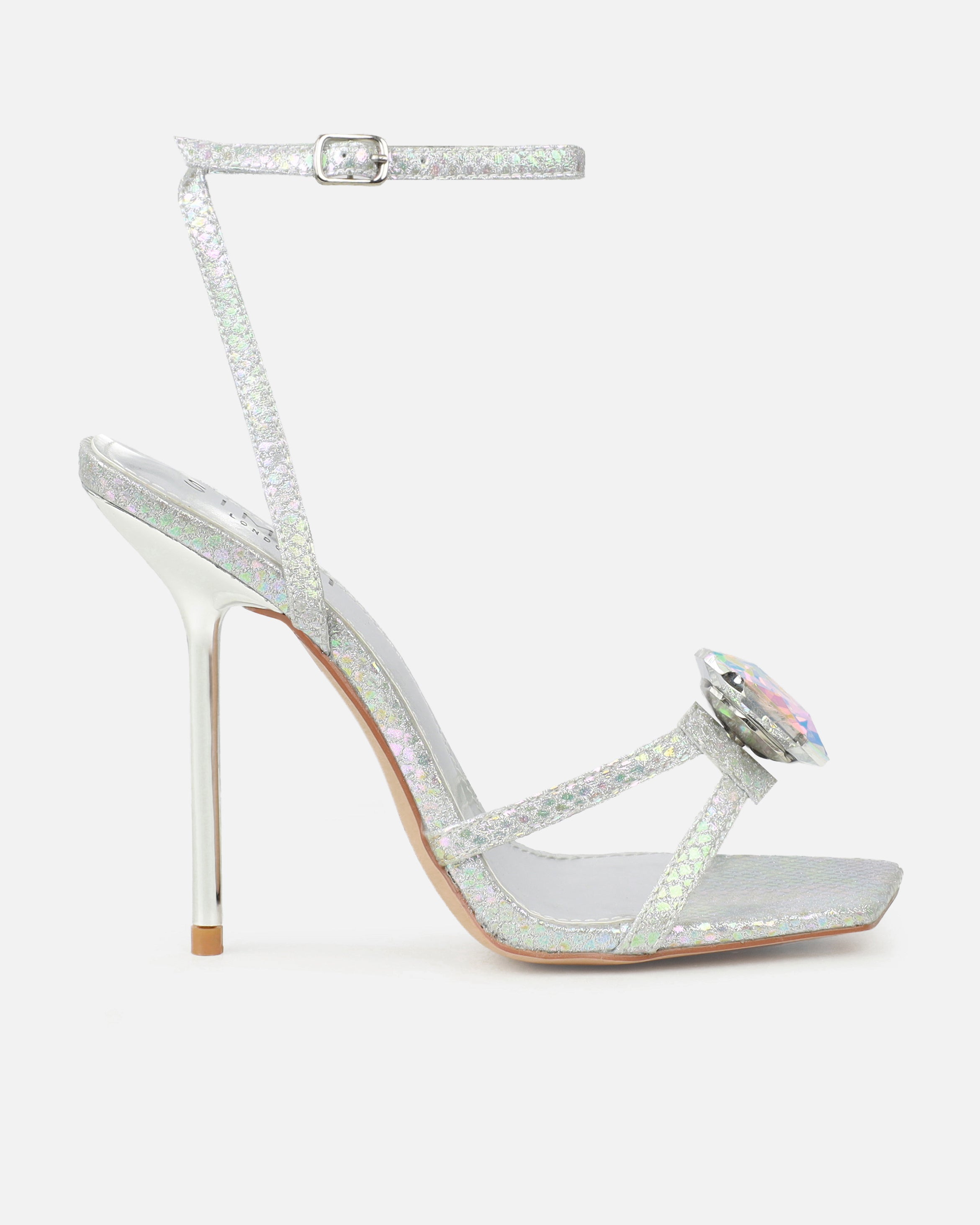 Dovie Silver Glitter Faux Snake Print Gem Heels | SIMMI London