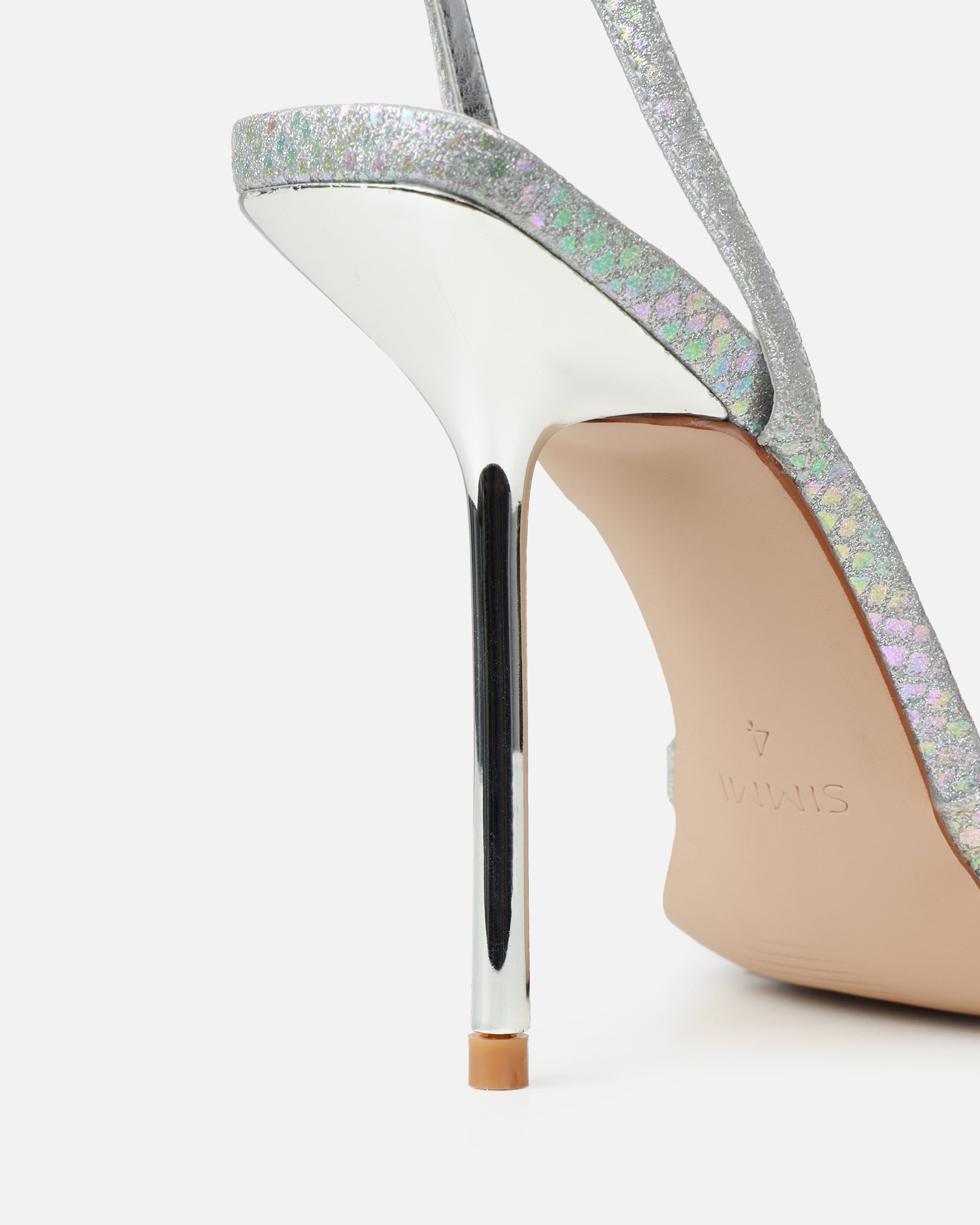 Dovie Silver Glitter Faux Snake Print Gem Heels