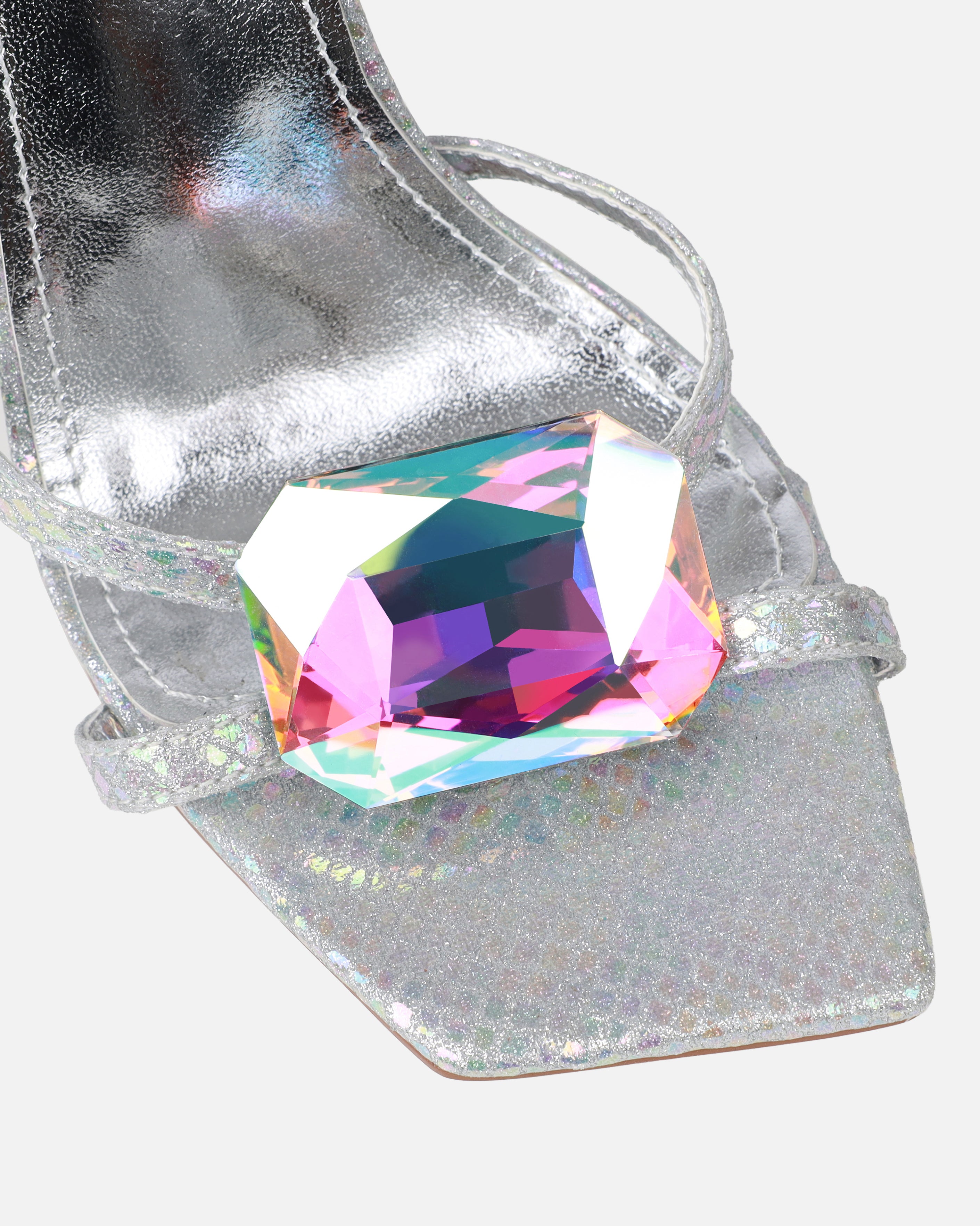 Dovie Silver Glitter Faux Snake Print Gem Heels