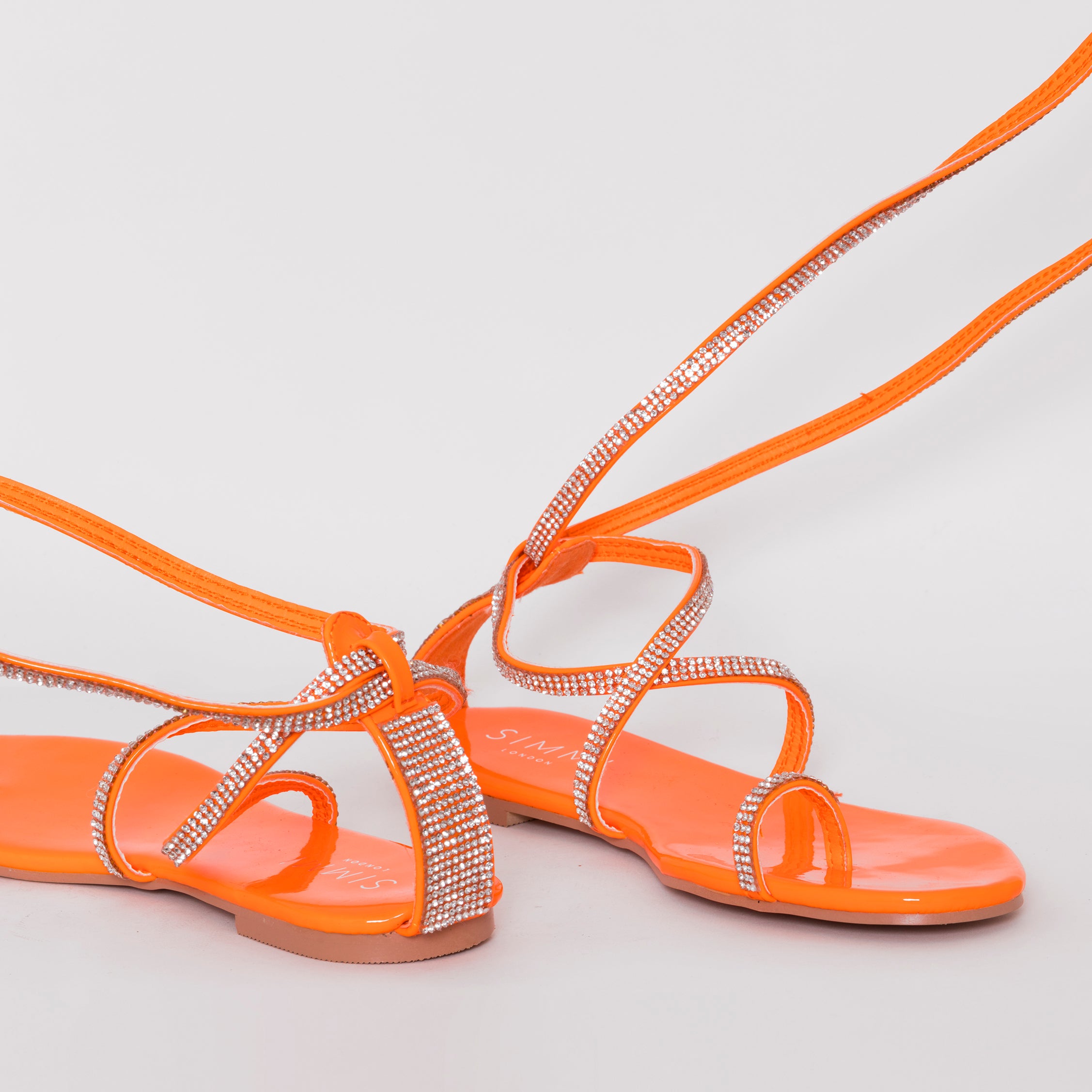 SIMMI SHOES / AVERIE BRIGHT ORANGE PATENT LACE UP DIAMANTE SANDALS