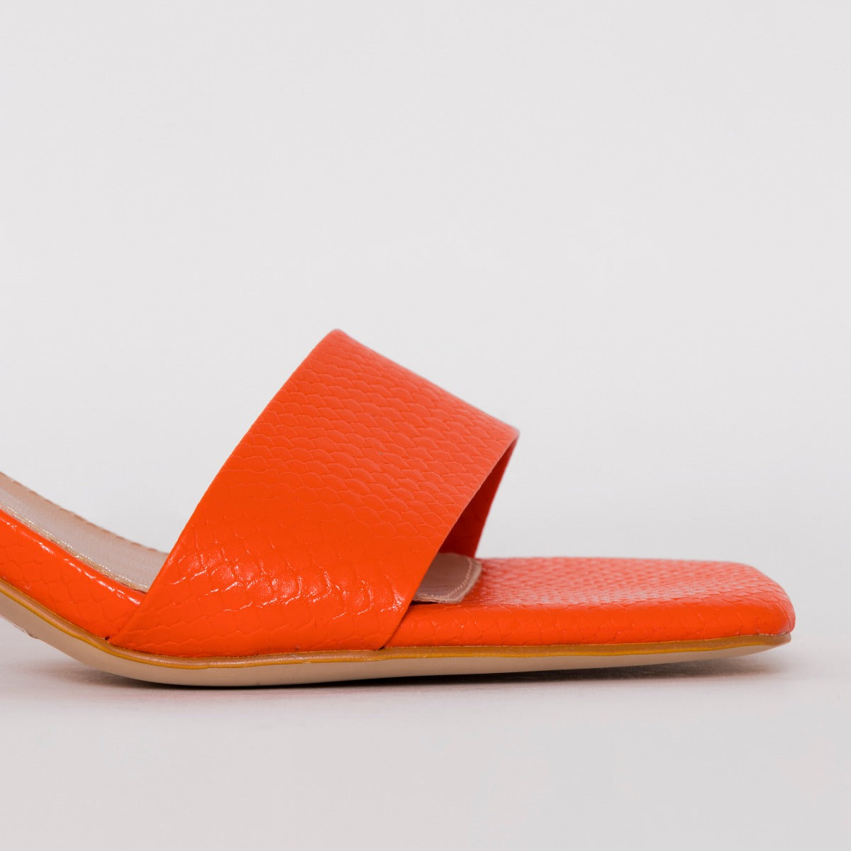 SIMMI SHOES / RUHANI WIDE FIT ORANGE SNAKE PRINT BLOCK MID HEEL MULES