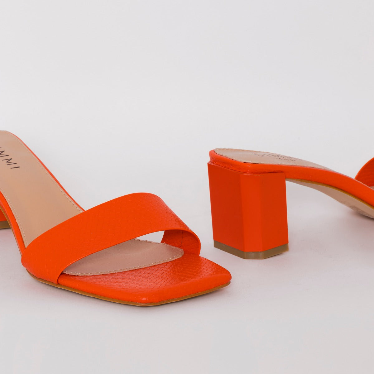 SIMMI SHOES / RUHANI WIDE FIT ORANGE SNAKE PRINT BLOCK MID HEEL MULES